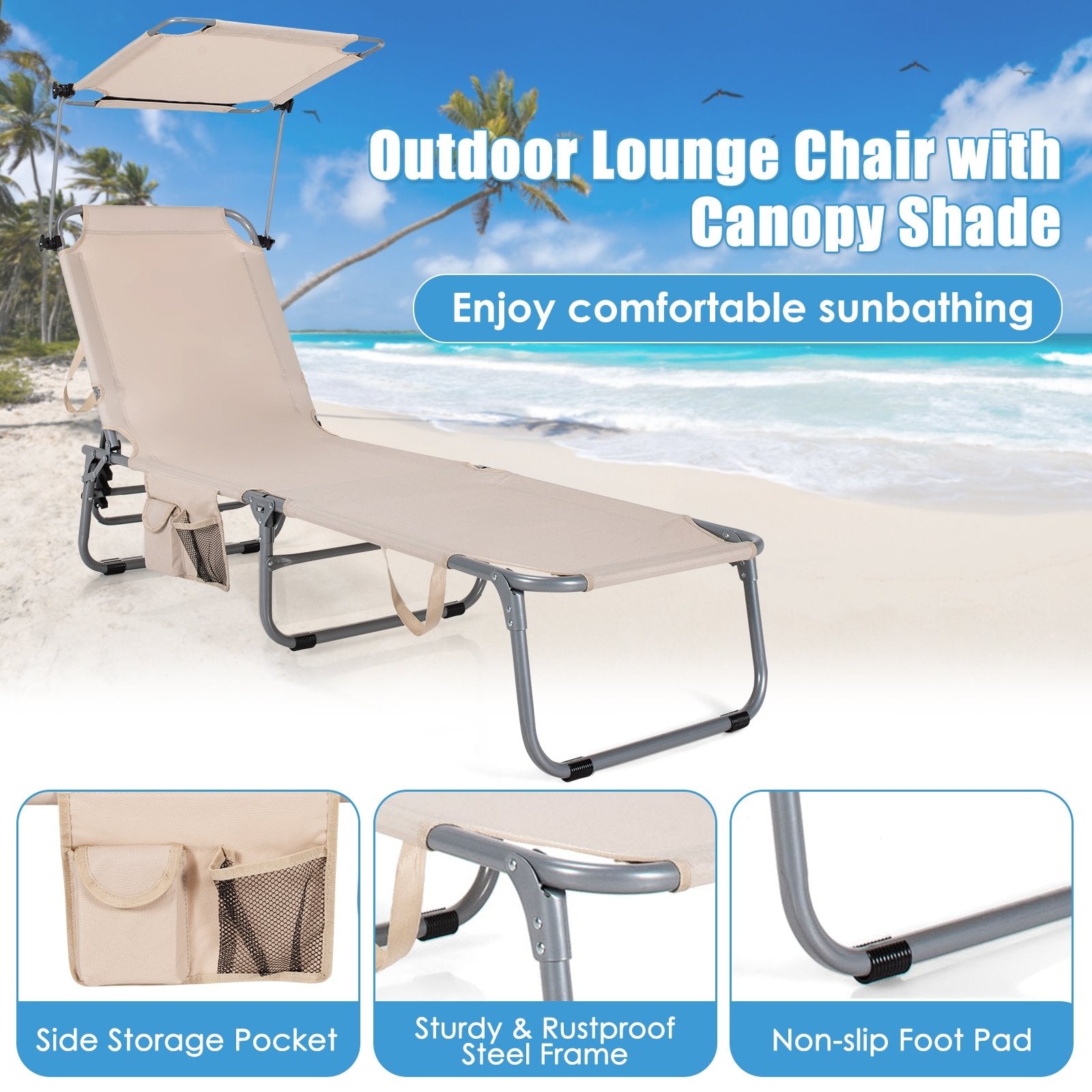 Set of 2 Portable Reclining Chair with 5 Adjustable Positions, Beige Outdoor Chaise Lounges   at Gallery Canada