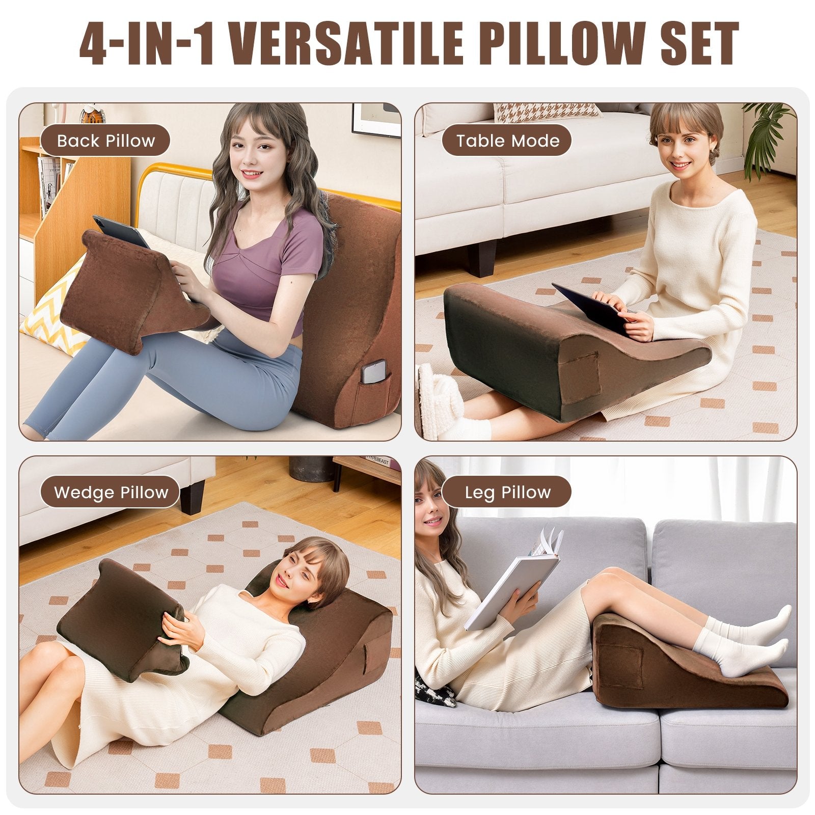 Bed Wedge Pillow with Tablet Pillow Stand and Side Pockets, Brown Bedding   at Gallery Canada