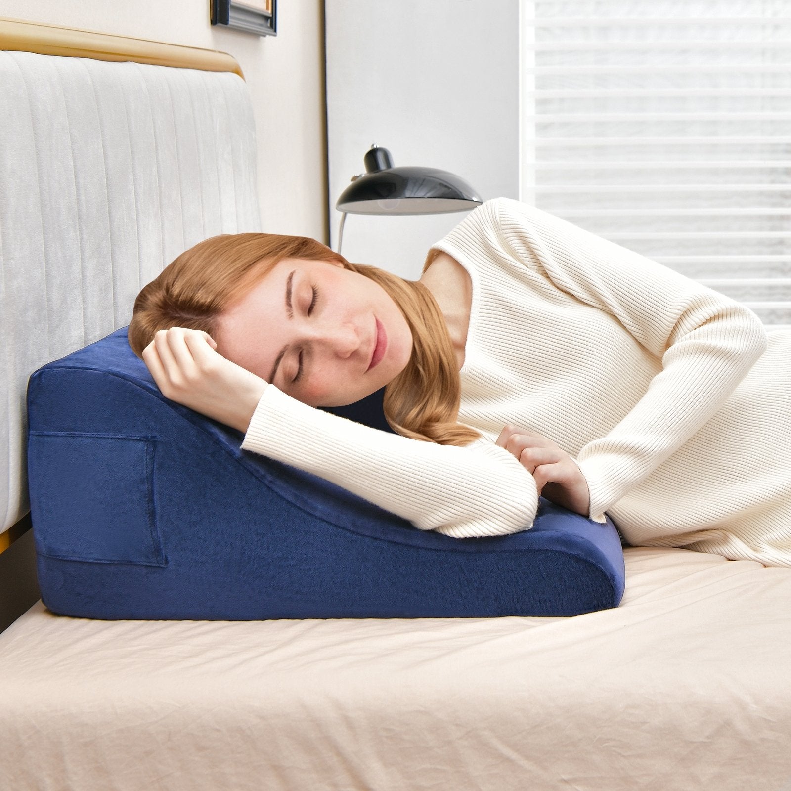 Bed Wedge Pillow with Tablet Pillow Stand and Side Pockets, Navy Bedding   at Gallery Canada