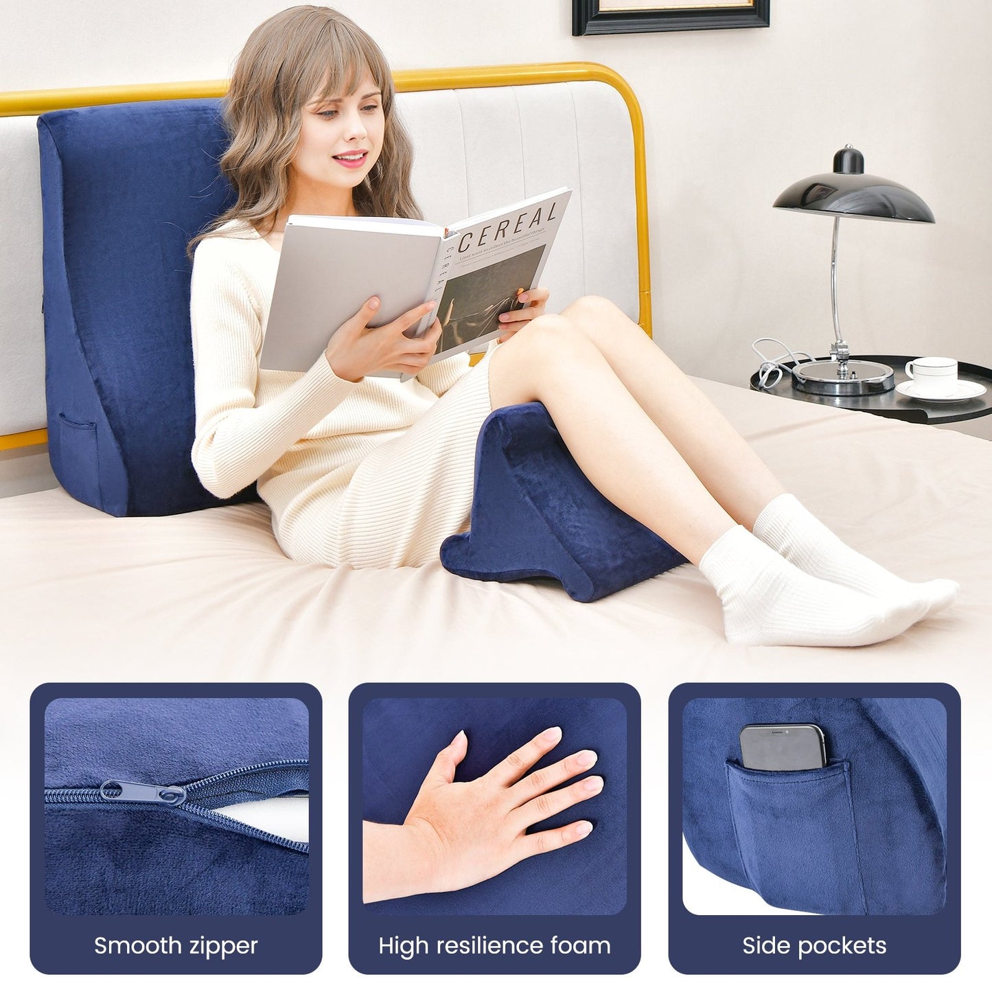 Bed Wedge Pillow with Tablet Pillow Stand and Side Pockets, Navy Bedding   at Gallery Canada