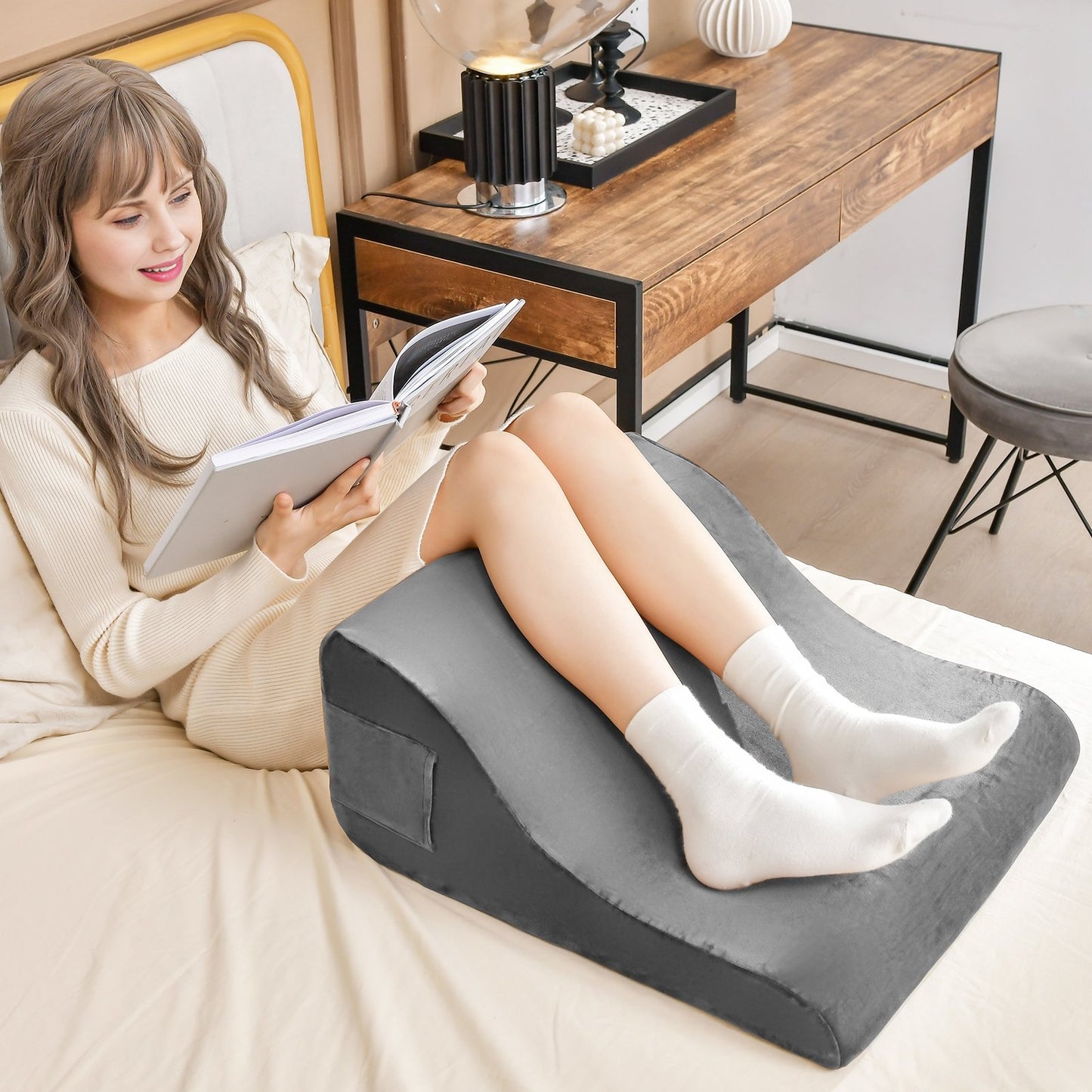 Bed Wedge Pillow with Tablet Pillow Stand and Side Pockets, Gray Bedding   at Gallery Canada