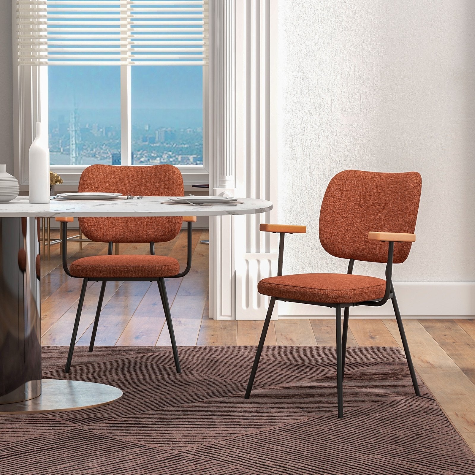 Set of 2 Modern Fabric Dining Chairs with Armrest and Curved Backrest, Orange Dining Chairs   at Gallery Canada