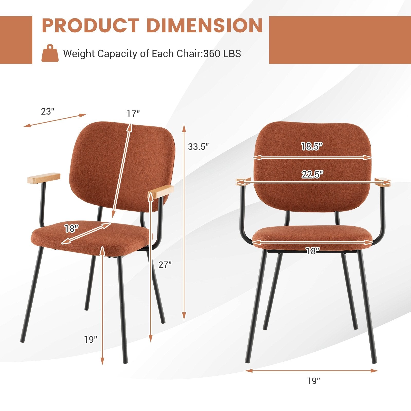 Set of 2 Modern Fabric Dining Chairs with Armrest and Curved Backrest, Orange Dining Chairs   at Gallery Canada