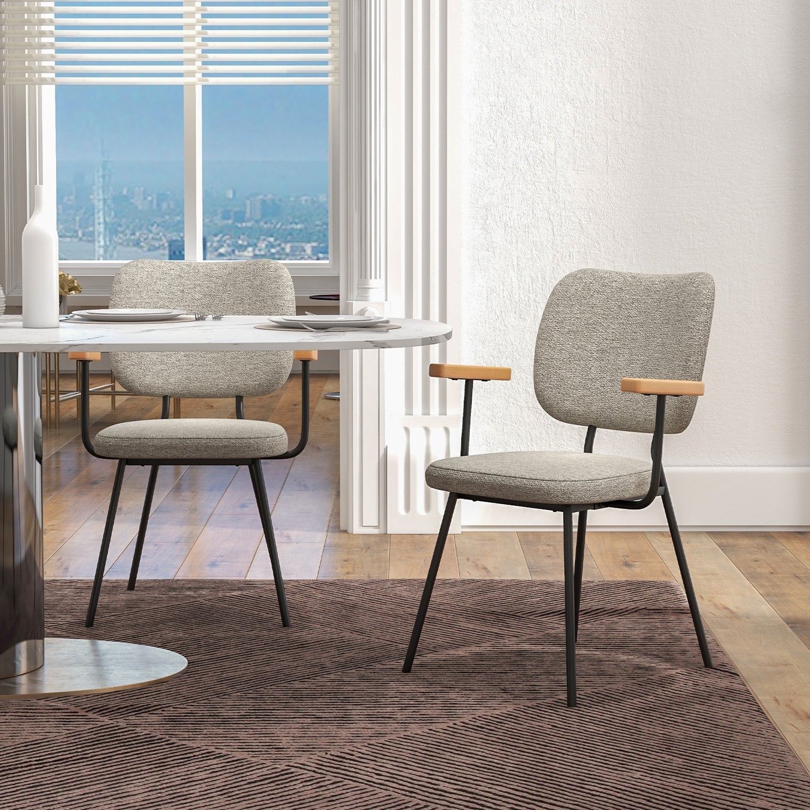 Set of 2 Modern Fabric Dining Chairs with Armrest and Curved Backrest, Gray Dining Chairs   at Gallery Canada