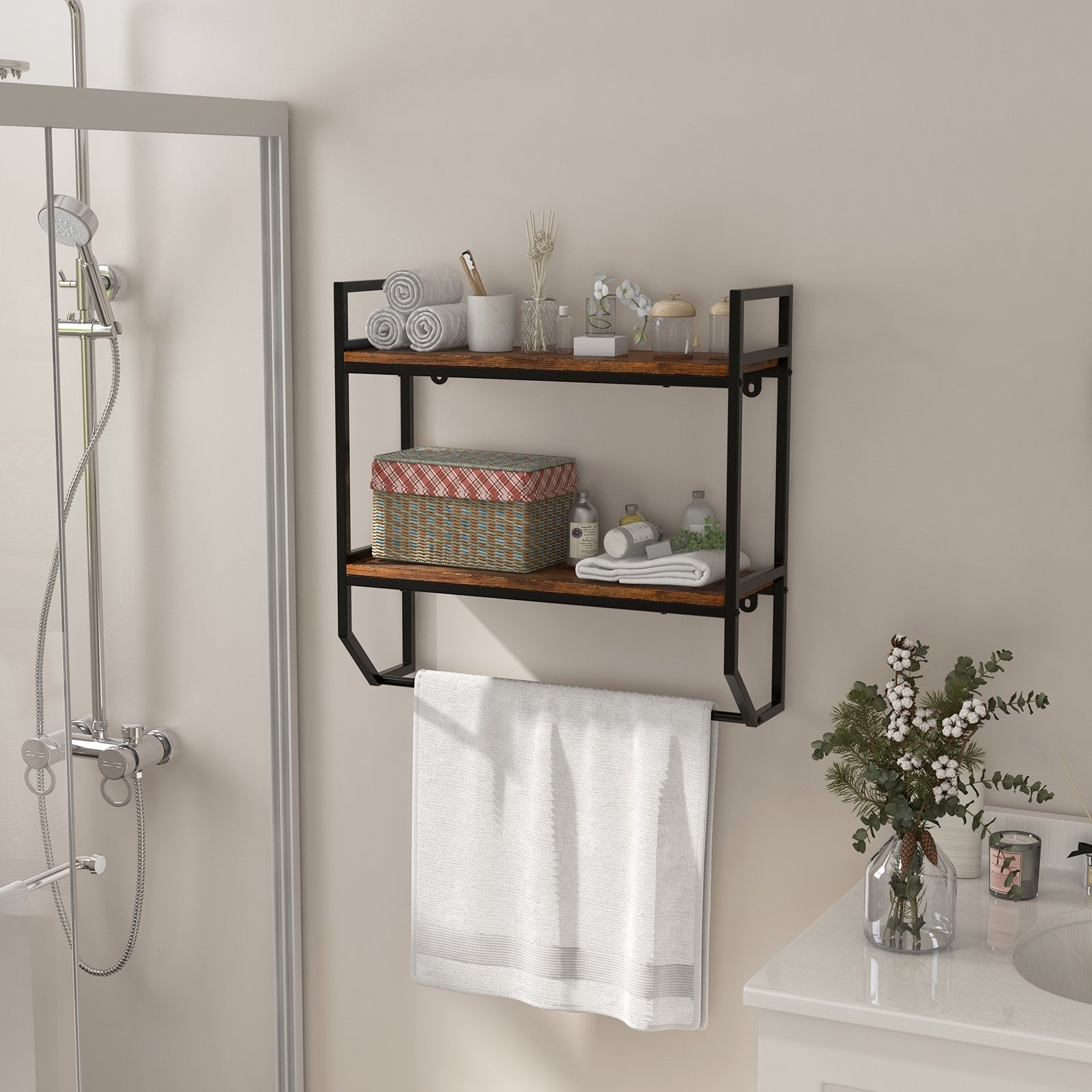 Over the Toilet Shelf Wall Mounted with Metal Frame for Bathroom, Black Towel Racks   at Gallery Canada