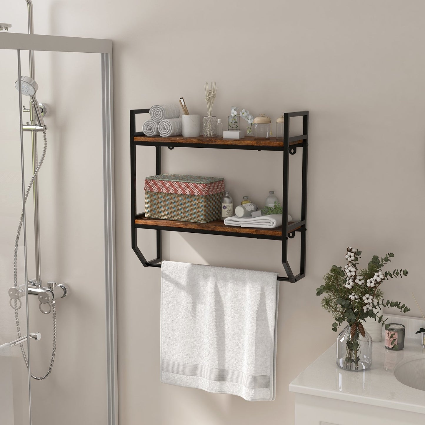 Over the Toilet Shelf Wall Mounted with Metal Frame for Bathroom, Black Towel Racks   at Gallery Canada