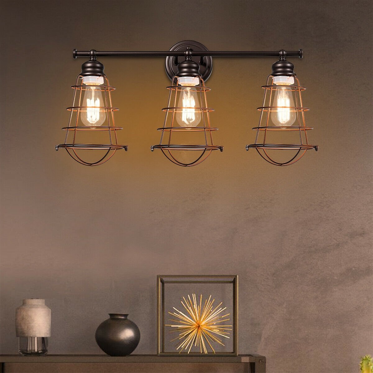 3-Light Vanity Lamp Bathroom Fixture with Metal Wire Cage, Bronze Wall Lights   at Gallery Canada