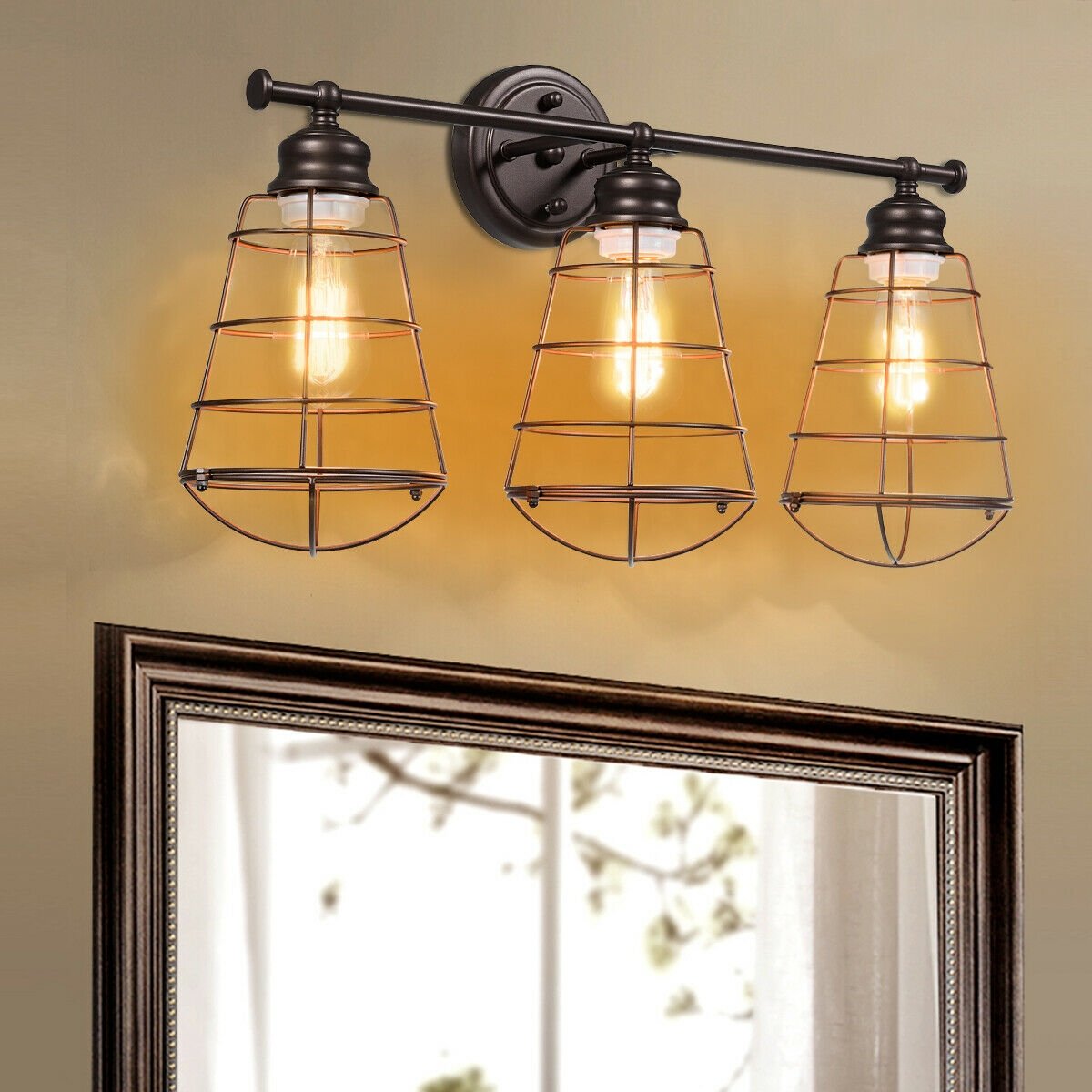 3-Light Vanity Lamp Bathroom Fixture with Metal Wire Cage, Bronze Wall Lights   at Gallery Canada