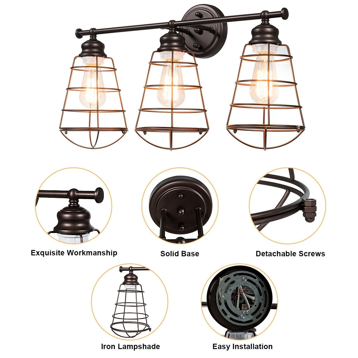 3-Light Vanity Lamp Bathroom Fixture with Metal Wire Cage, Bronze Wall Lights   at Gallery Canada