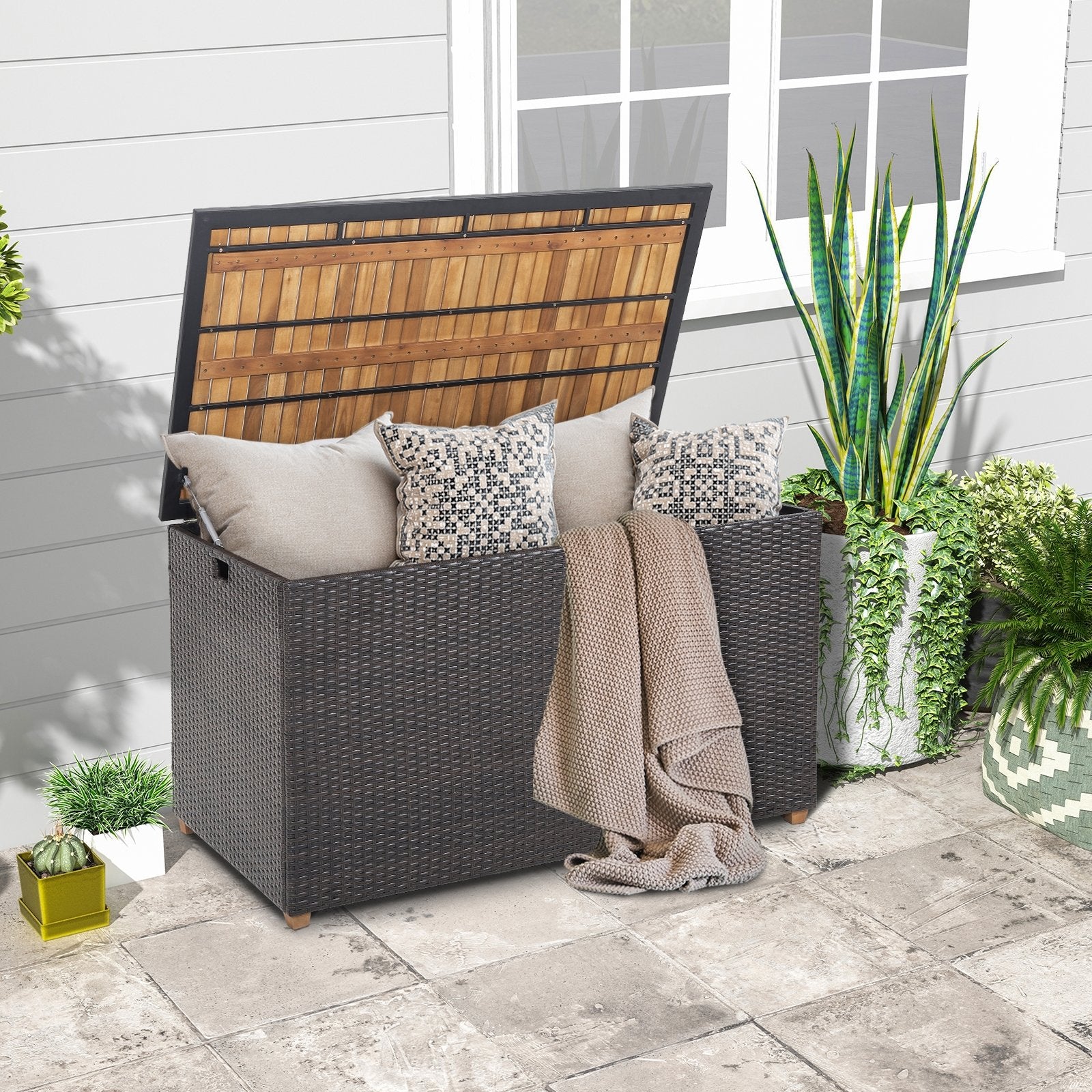 134 Gallon Rattan Storage Box with Zippered Liner and Solid Acacia Wood Top, Brown Sheds & Outdoor Storage   at Gallery Canada