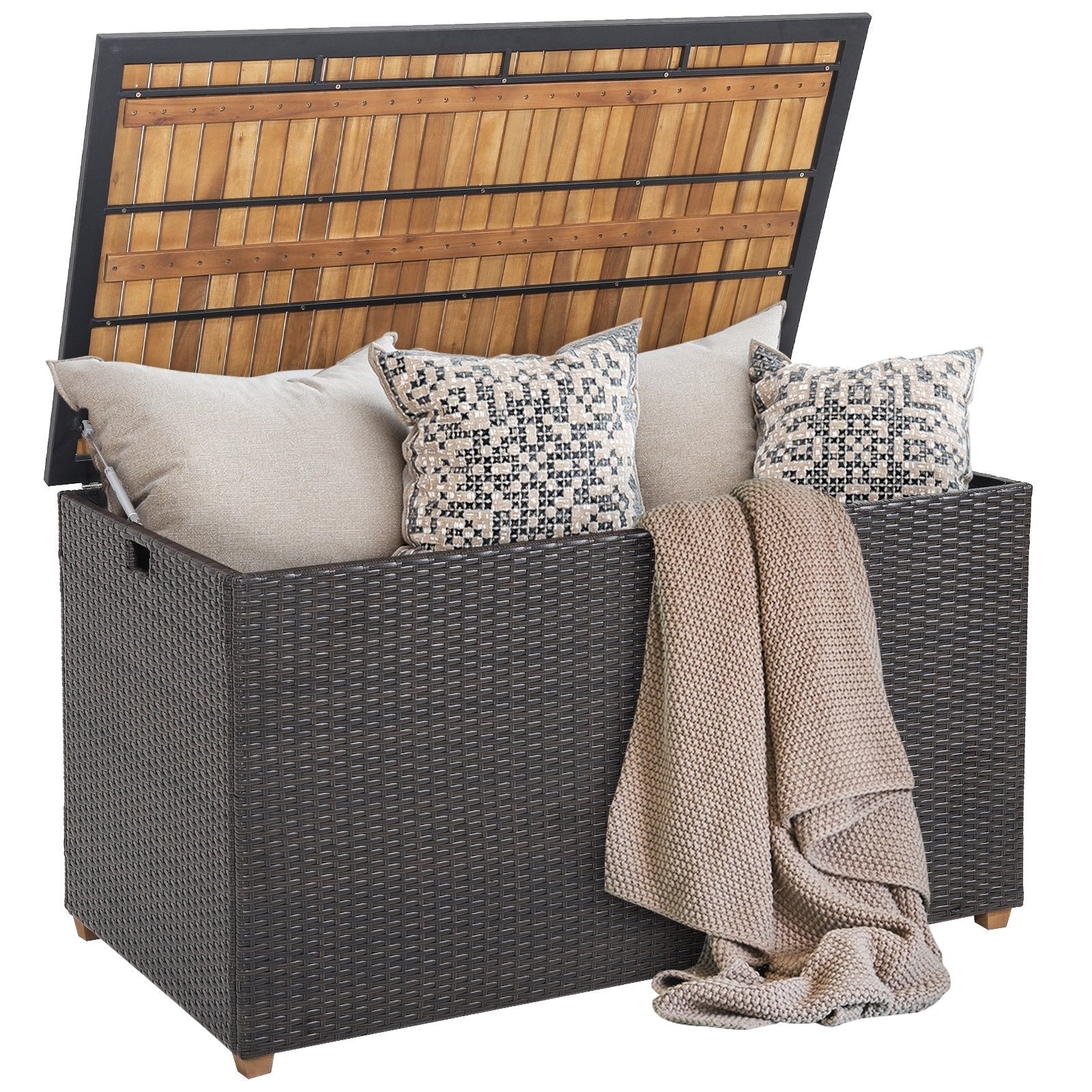 134 Gallon Rattan Storage Box with Zippered Liner and Solid Acacia Wood Top, Brown Sheds & Outdoor Storage   at Gallery Canada