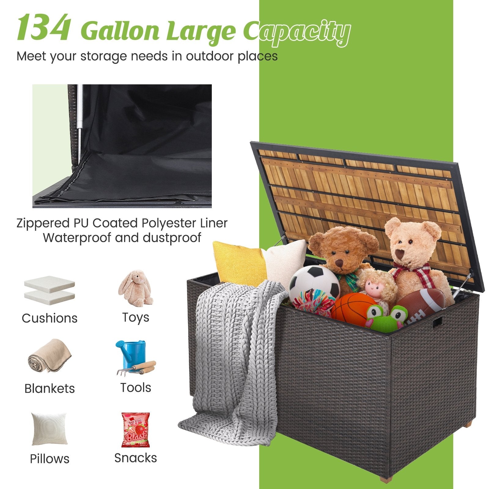 134 Gallon Rattan Storage Box with Zippered Liner and Solid Acacia Wood Top, Brown Sheds & Outdoor Storage   at Gallery Canada