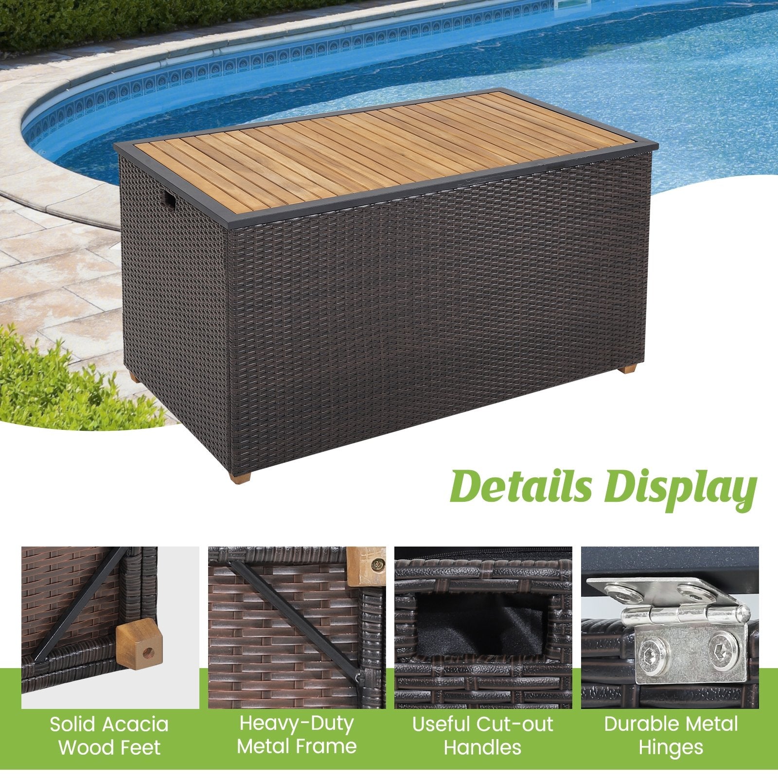 134 Gallon Rattan Storage Box with Zippered Liner and Solid Acacia Wood Top, Brown Sheds & Outdoor Storage   at Gallery Canada