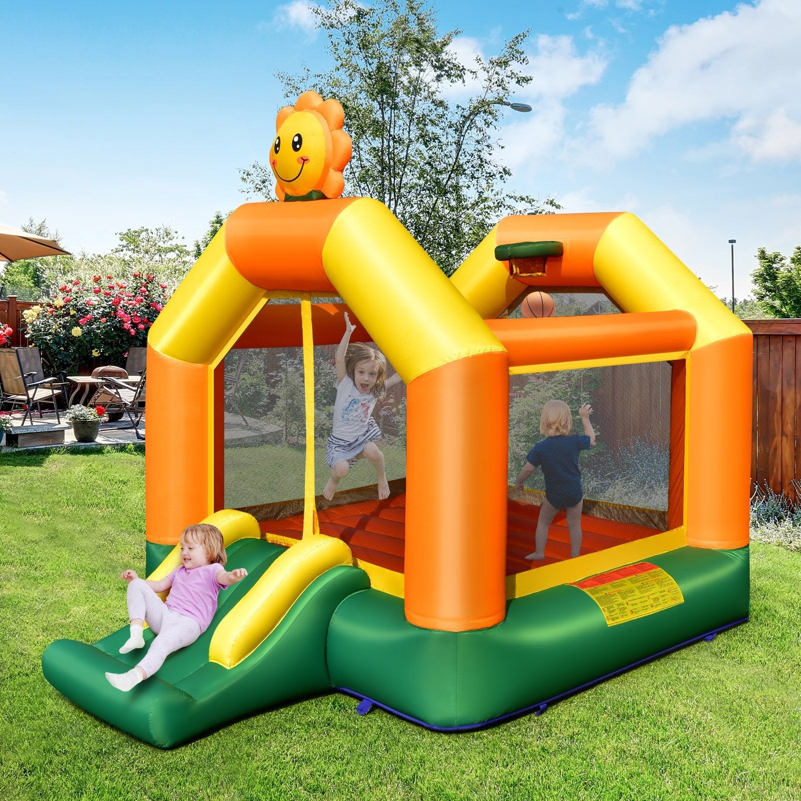 Kids Inflatable Bounce House with Slide and Basketball Rim with 735W Blower, Yellow Bounce House   at Gallery Canada