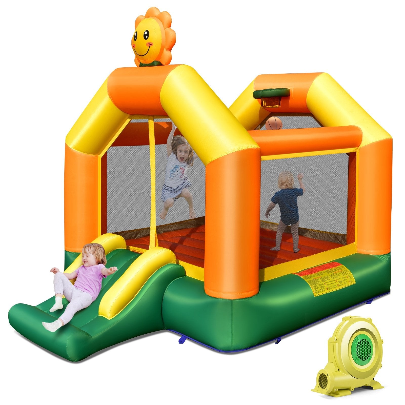 Kids Inflatable Bounce House with Slide and Basketball Rim with 735W Blower, Yellow Bounce House   at Gallery Canada