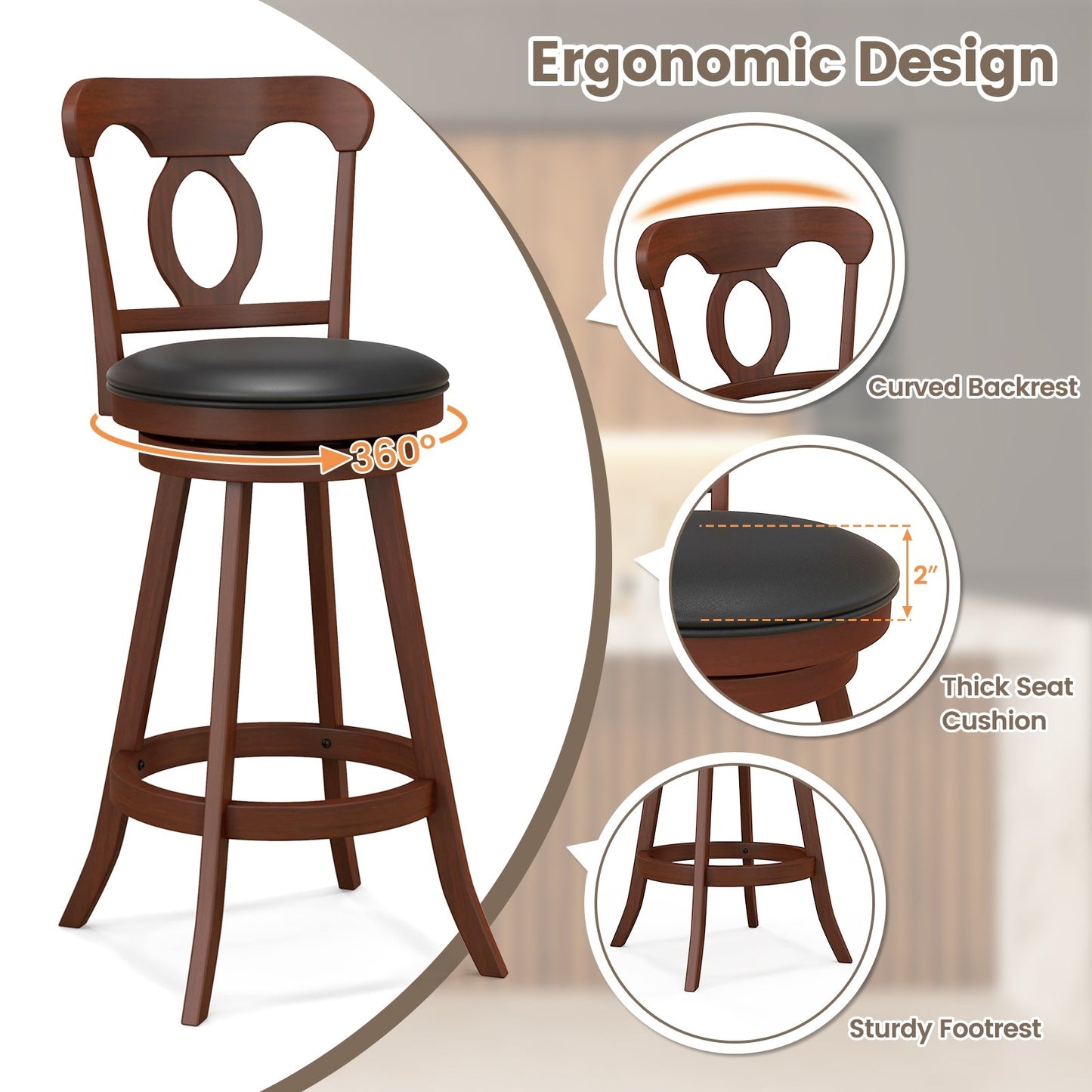 Set of 2 24/30 Inch Swivel Bar Stools with Footrest-30 inches, Espresso Bar Stools   at Gallery Canada