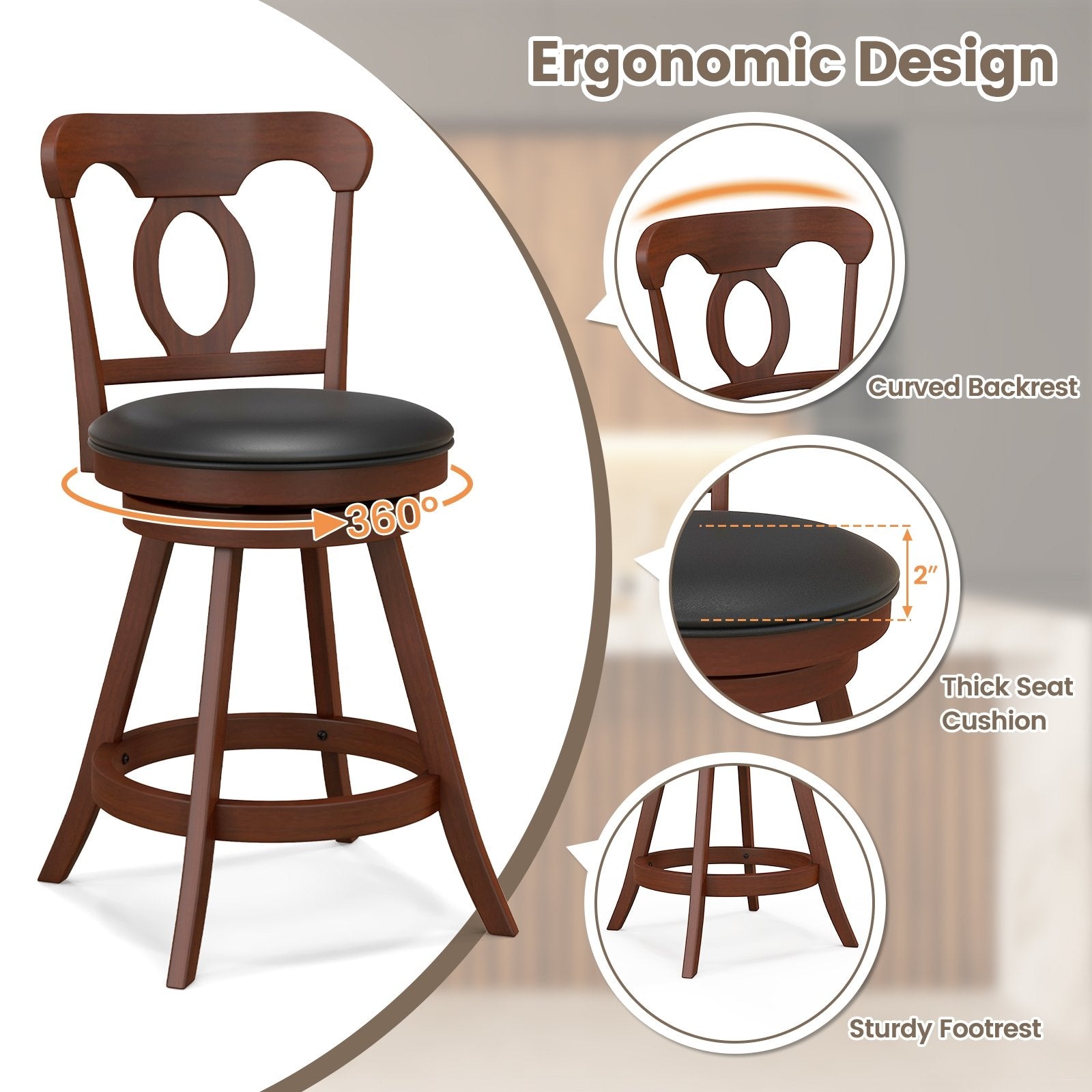 Set of 2 24/30 Inch Swivel Bar Stools with Footrest-24 inches, Espresso Bar Stools   at Gallery Canada