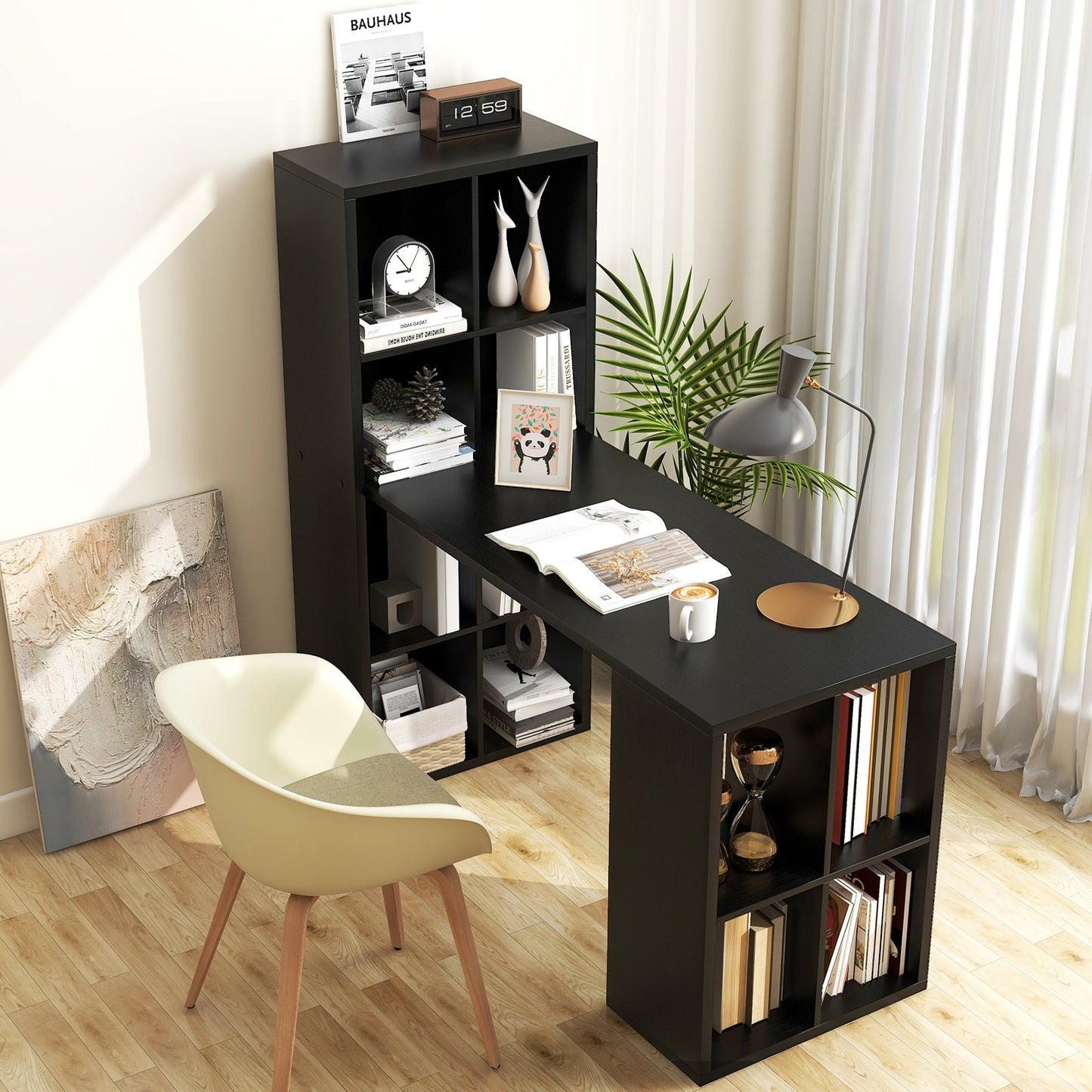 Modern Computer Desk with 12 Cubes Bookshelf, Black - Gallery Canada