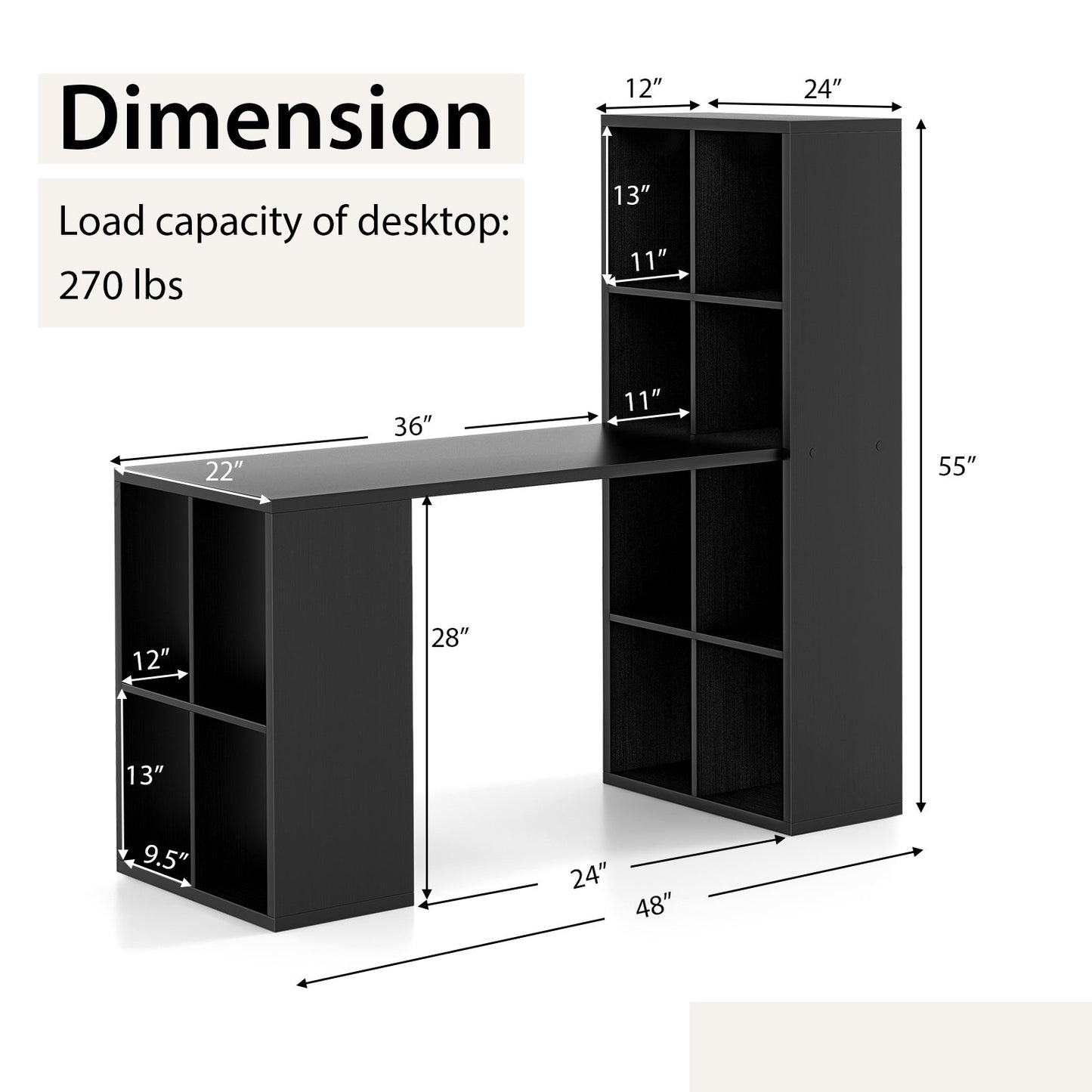 Modern Computer Desk with 12 Cubes Bookshelf, Black Computer Desks   at Gallery Canada