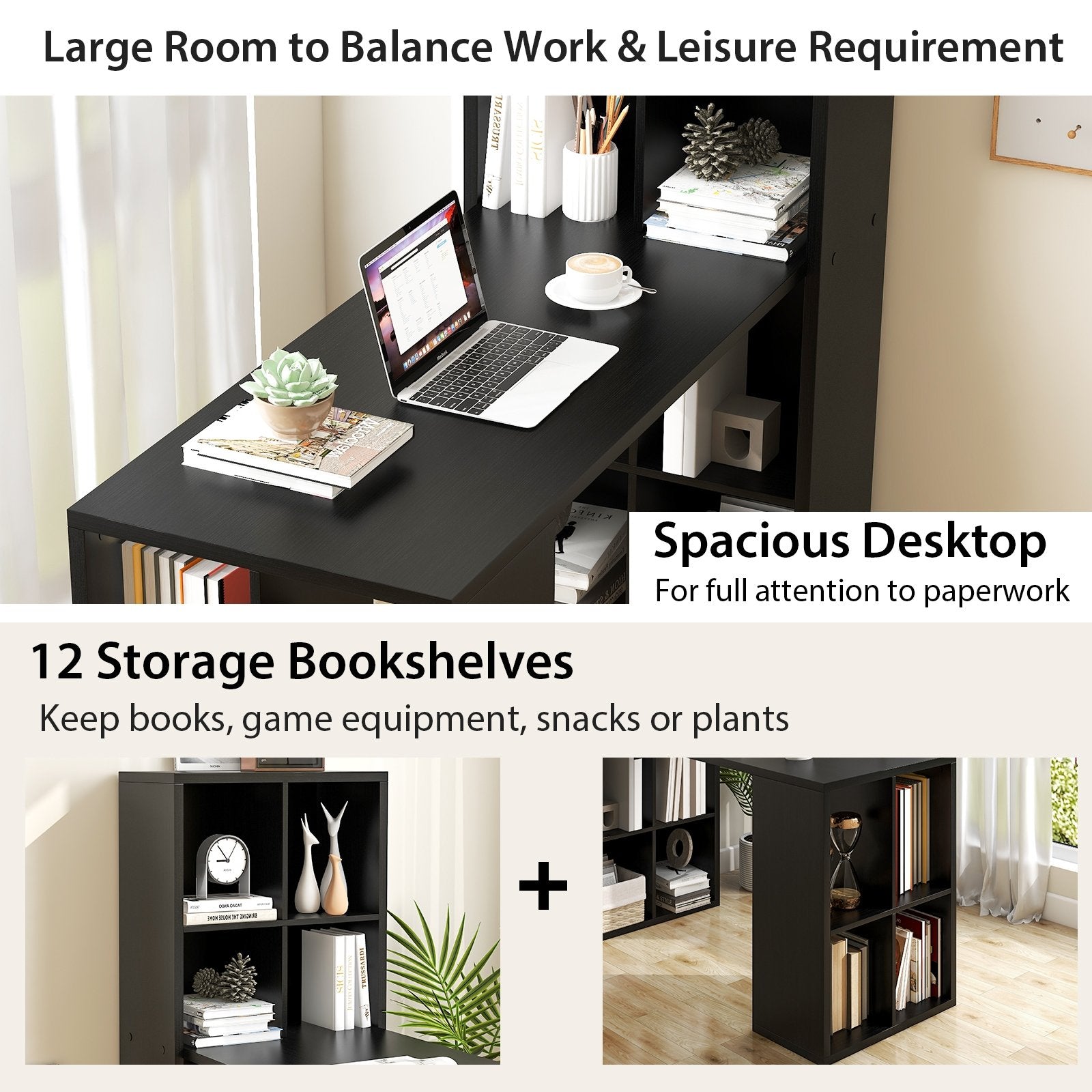 Modern Computer Desk with 12 Cubes Bookshelf, Black - Gallery Canada