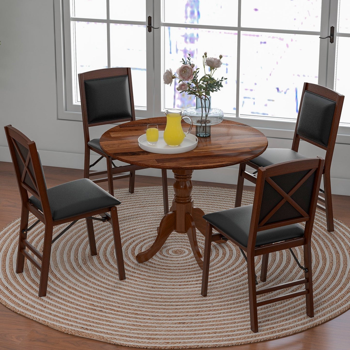 Wooden Dining Table with Round Tabletop and Curved Trestle Legs, Walnut Dining Tables   at Gallery Canada