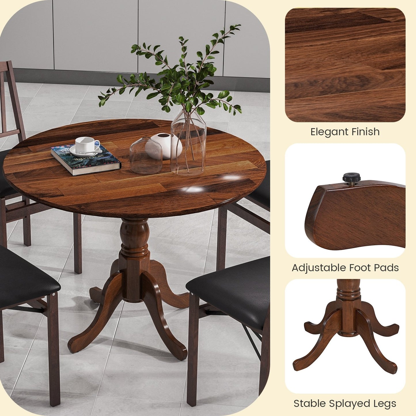 Wooden Dining Table with Round Tabletop and Curved Trestle Legs, Walnut Dining Tables   at Gallery Canada