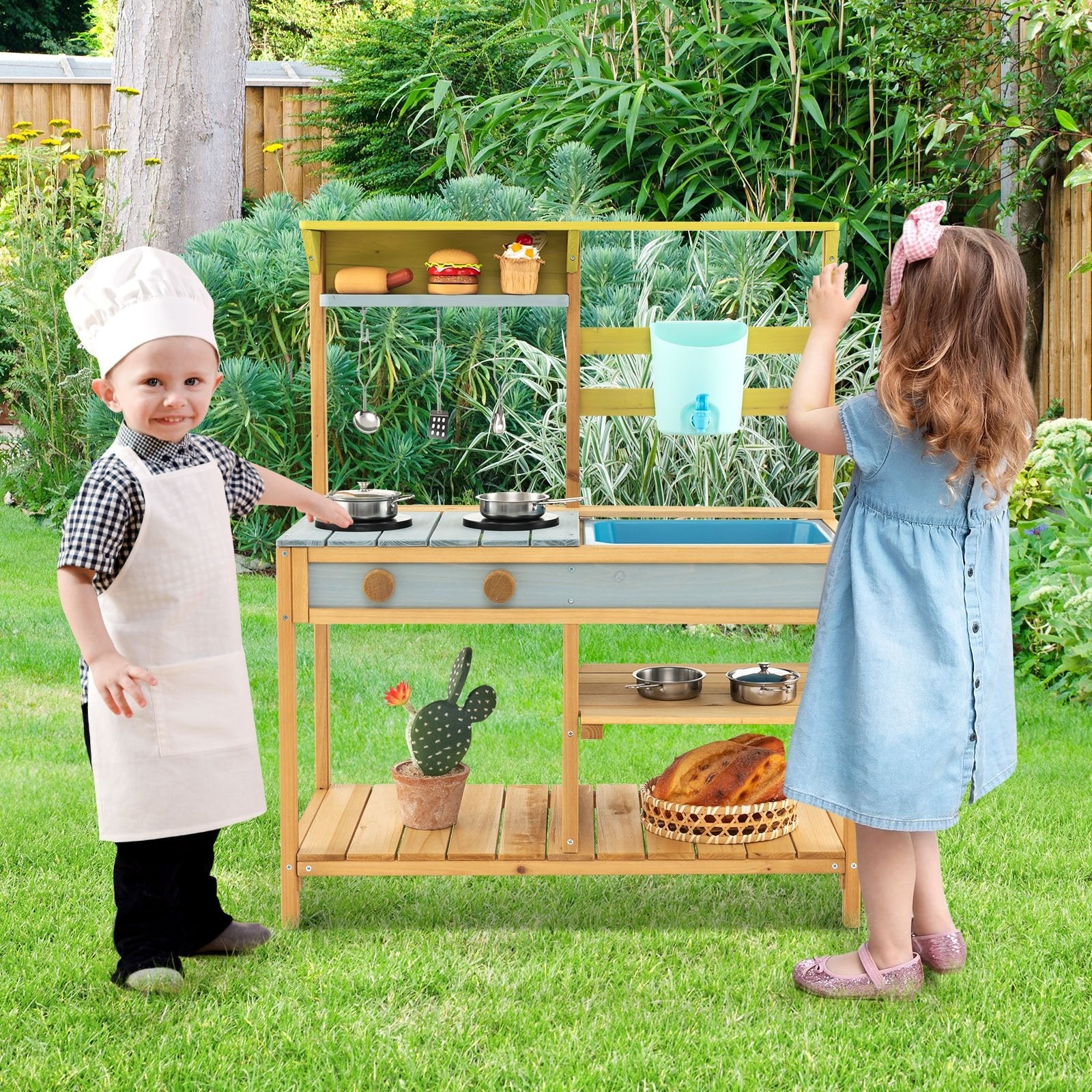 Outdoor Kids Mud Kitchen with Faucet and Water Box, Natural Play Kitchen Sets   at Gallery Canada