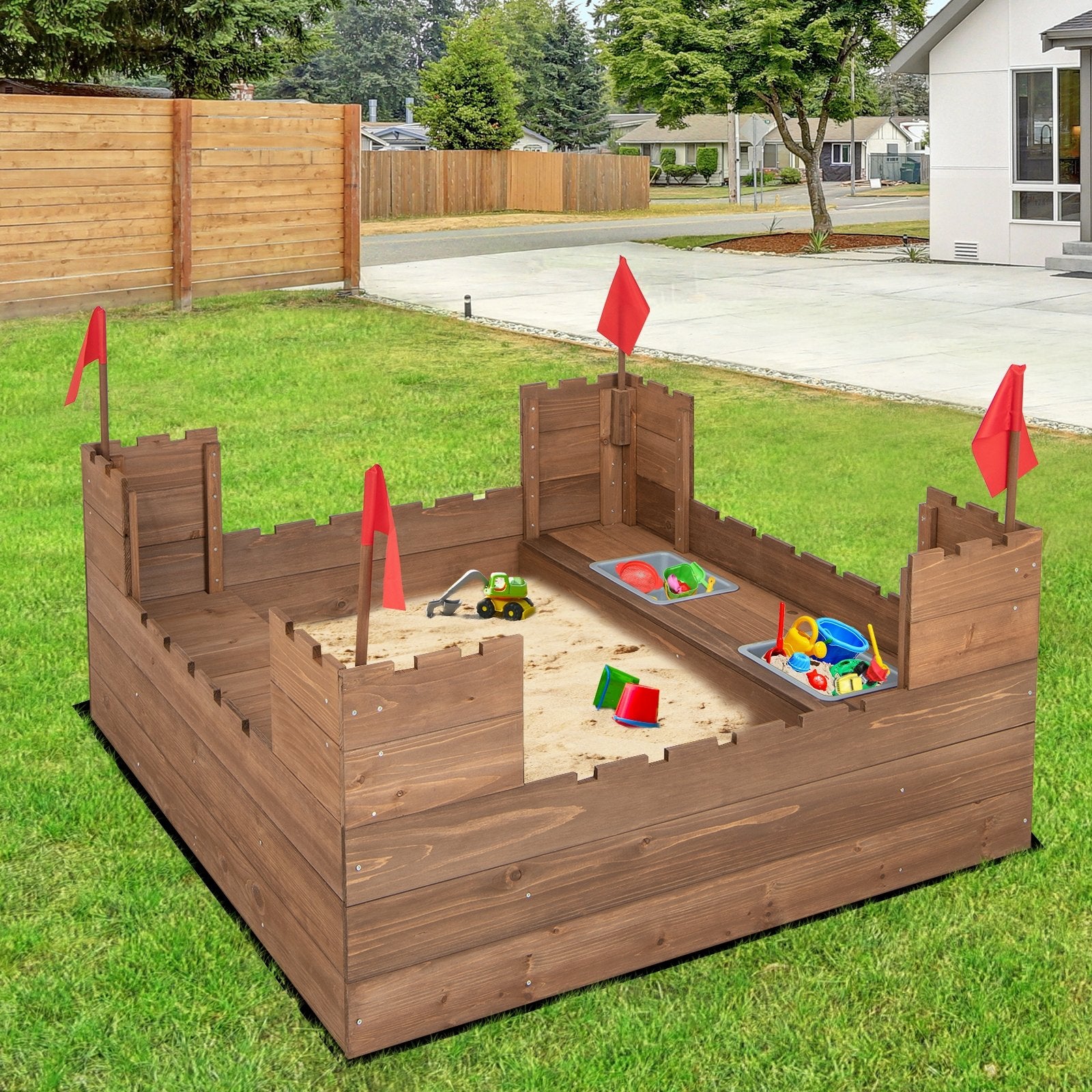 Kids Wooden Sandbox with Bottom Liner and Red Flags, Natural Sandboxes   at Gallery Canada