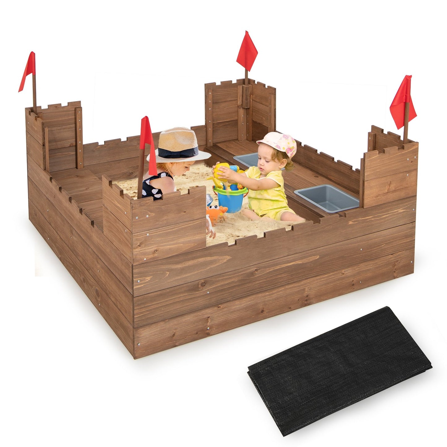 Kids Wooden Sandbox with Bottom Liner and Red Flags, Natural Sandboxes   at Gallery Canada