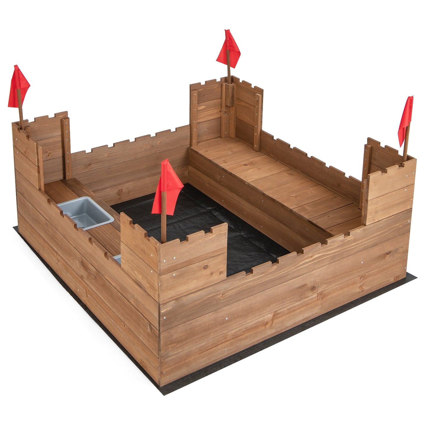 Kids Wooden Sandbox with Bottom Liner and Red Flags, Natural Sandboxes   at Gallery Canada