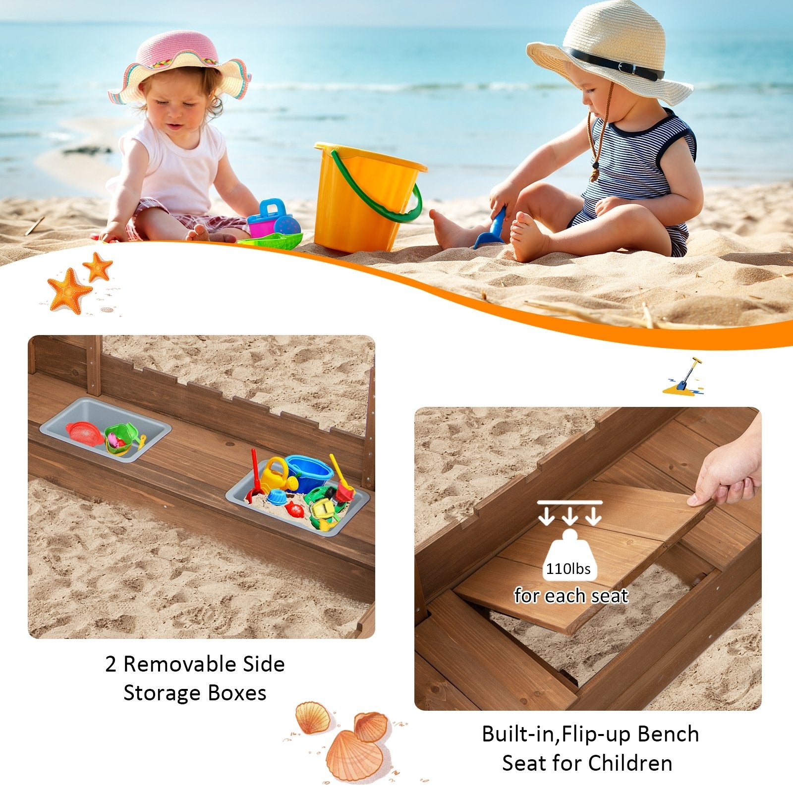 Kids Wooden Sandbox with Bottom Liner and Red Flags, Natural Sandboxes   at Gallery Canada