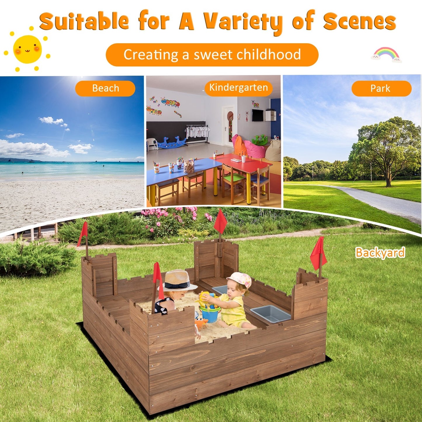 Kids Wooden Sandbox with Bottom Liner and Red Flags, Natural Sandboxes   at Gallery Canada