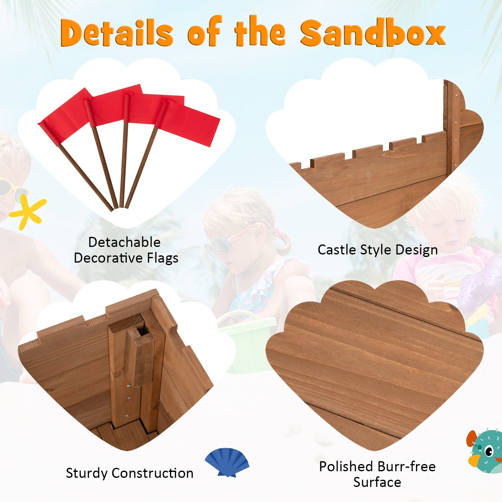 Kids Wooden Sandbox with Bottom Liner and Red Flags, Natural Sandboxes   at Gallery Canada