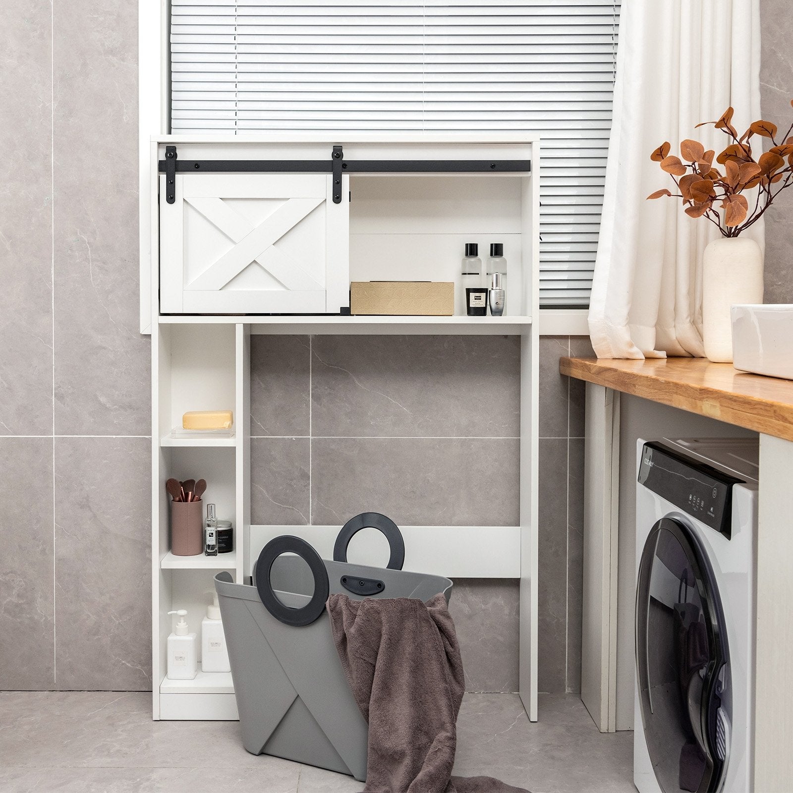 4-Tier Over The Toilet Storage Cabinet with Sliding Barn Door and Storage Shelves, White Bathroom Etagere   at Gallery Canada