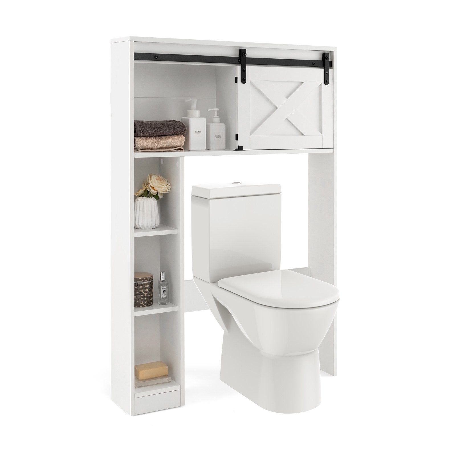 4-Tier Over The Toilet Storage Cabinet with Sliding Barn Door and Storage Shelves, White Bathroom Etagere   at Gallery Canada