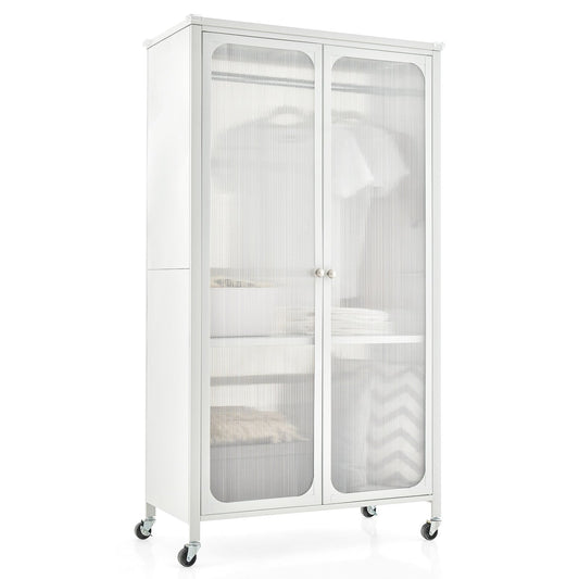 Rolling Storage Armoire Closet with Hanging Rod and Adjustable Shelf, White Clothing & Closet Storage   at Gallery Canada