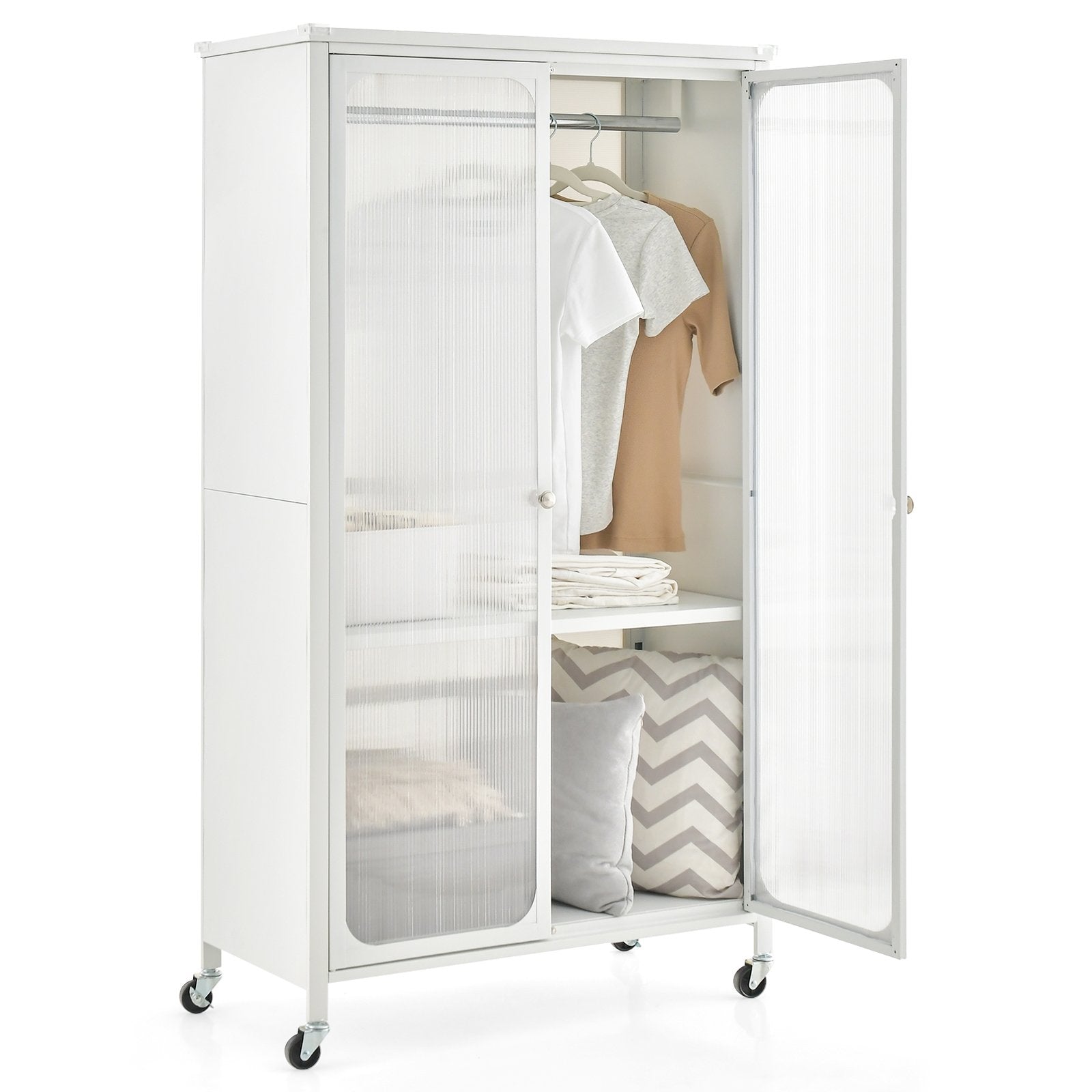 Rolling Storage Armoire Closet with Hanging Rod and Adjustable Shelf, White Clothing & Closet Storage   at Gallery Canada