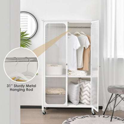 Rolling Storage Armoire Closet with Hanging Rod and Adjustable Shelf, White Clothing & Closet Storage   at Gallery Canada