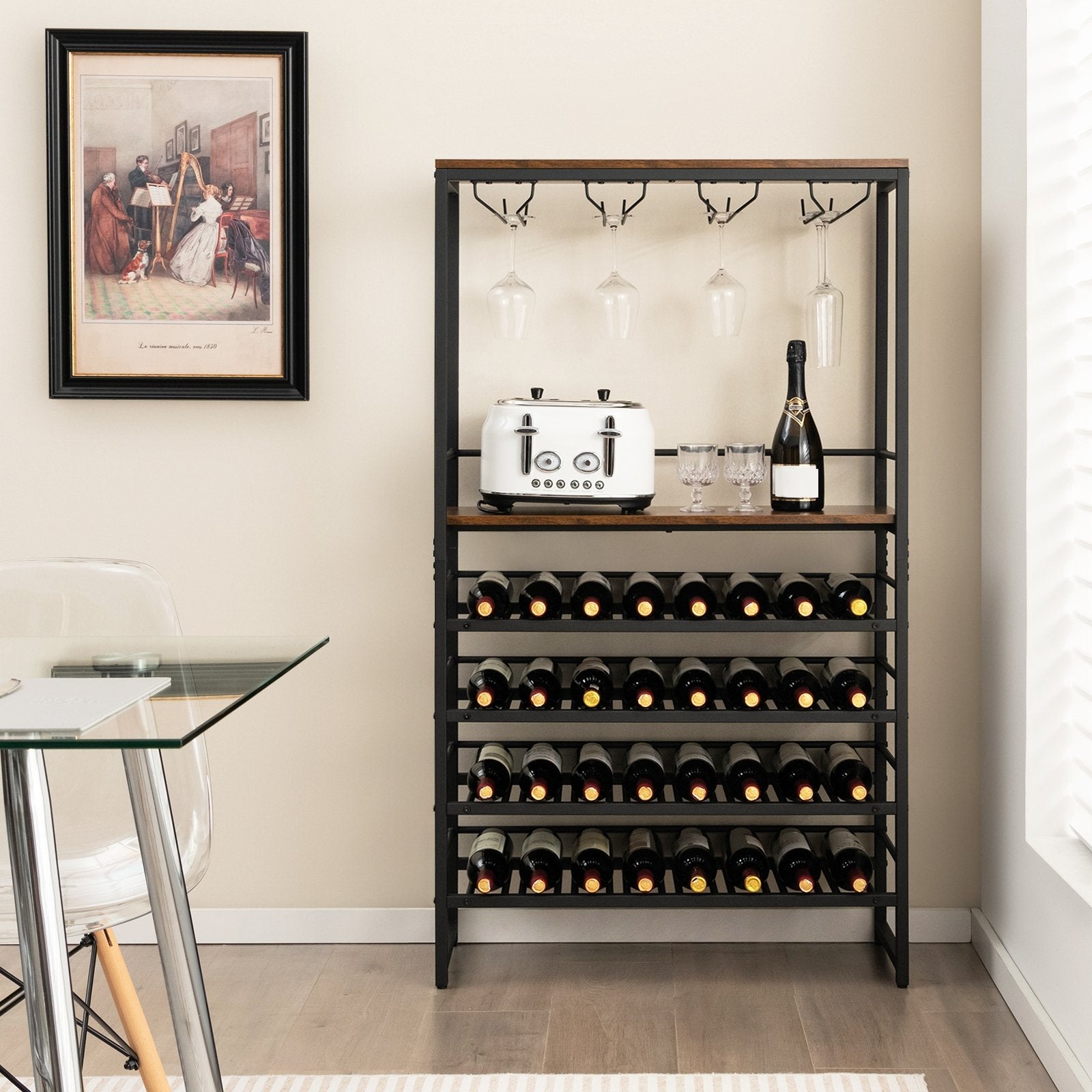 Freestanding Wine Bakers Rack with 4-Tier Wine Storage and 4 Rows of Stemware Racks, Brown Wine Racks   at Gallery Canada