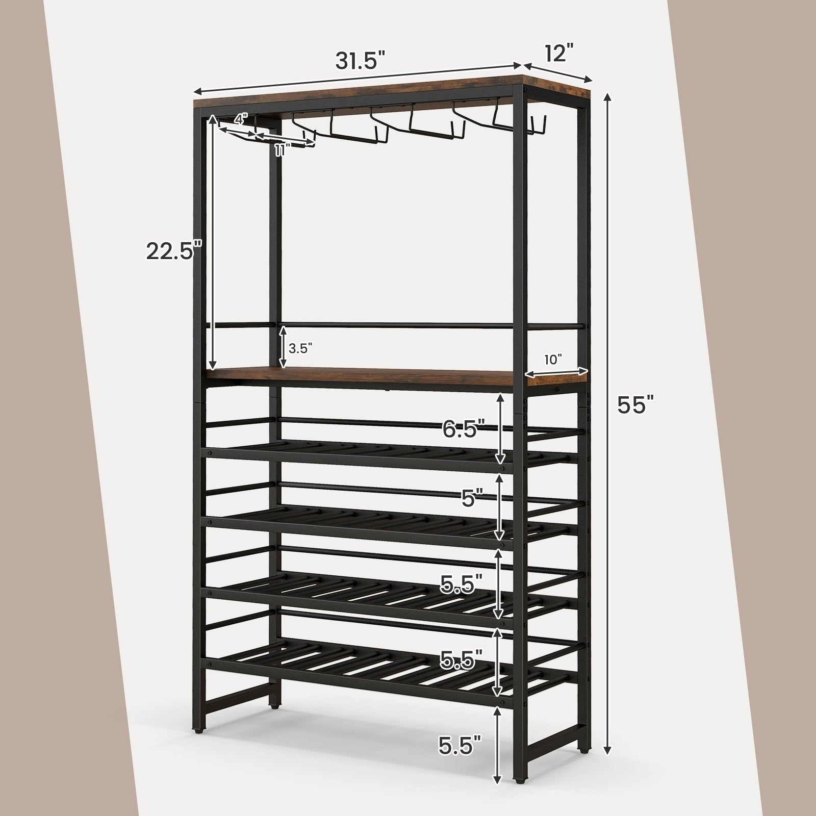 Freestanding Wine Bakers Rack with 4-Tier Wine Storage and 4 Rows of Stemware Racks, Brown Wine Racks   at Gallery Canada