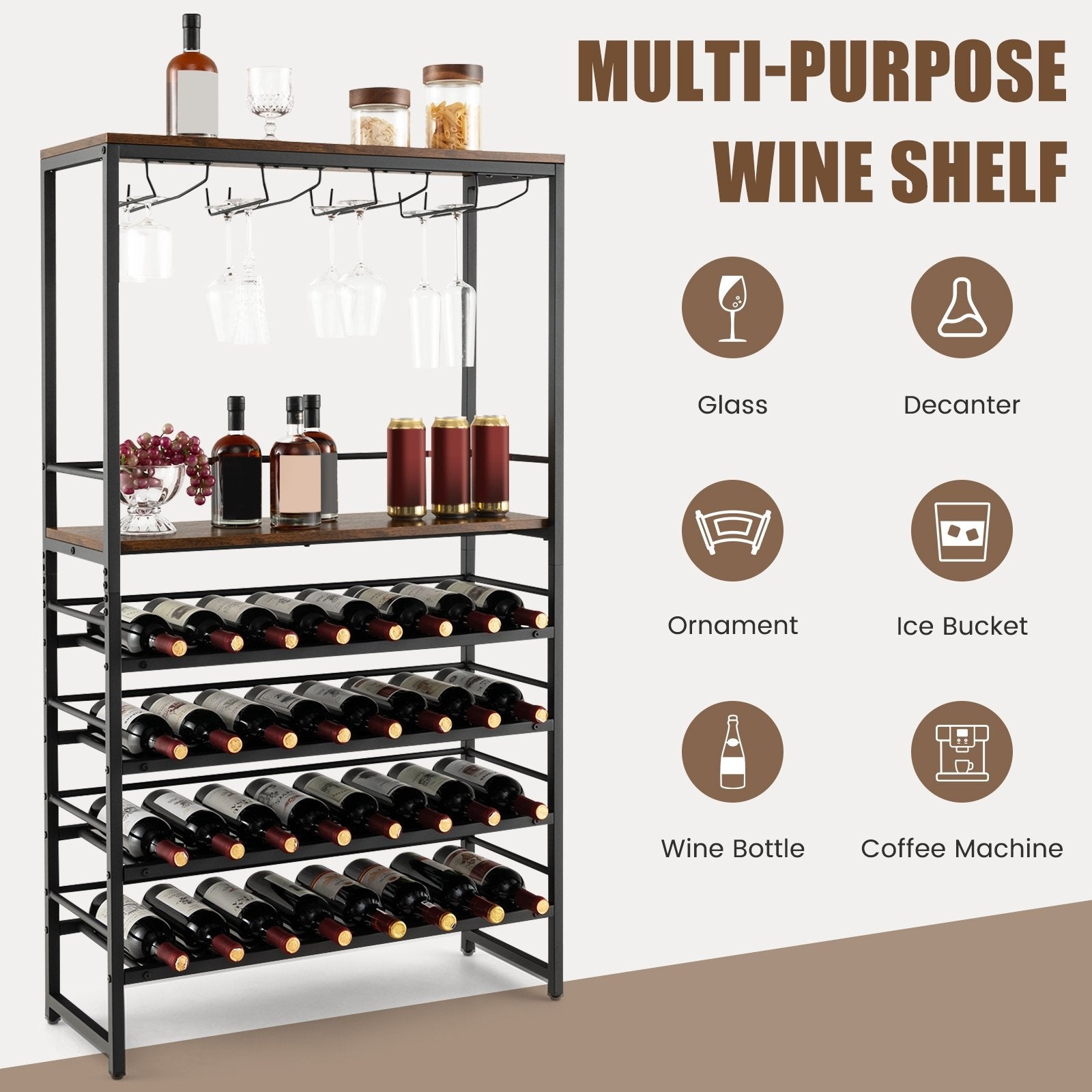 Freestanding Wine Bakers Rack with 4-Tier Wine Storage and 4 Rows of Stemware Racks, Brown Wine Racks   at Gallery Canada