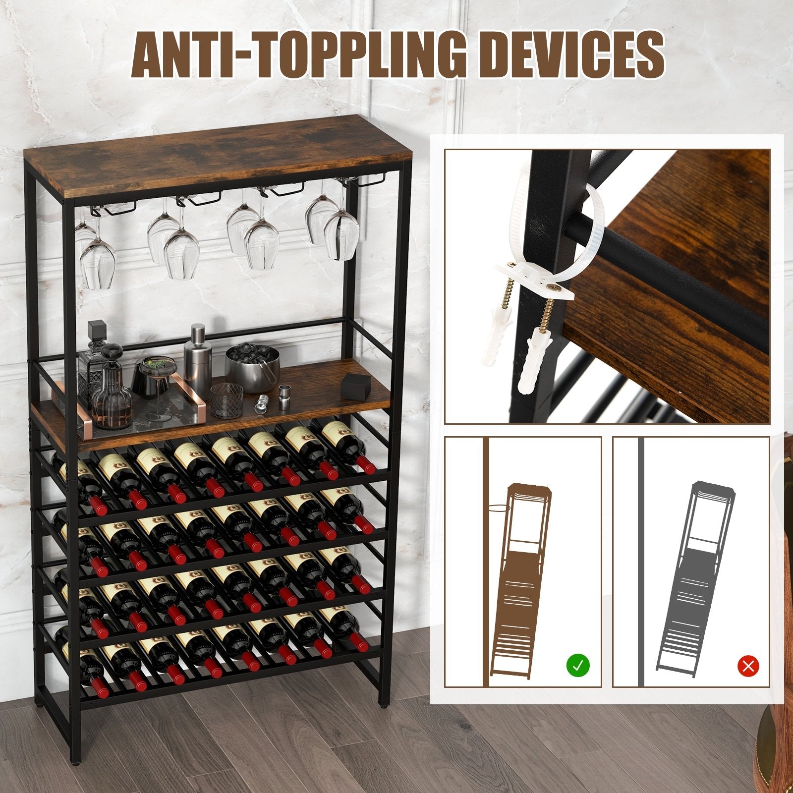 Freestanding Wine Bakers Rack with 4-Tier Wine Storage and 4 Rows of Stemware Racks, Brown Wine Racks   at Gallery Canada