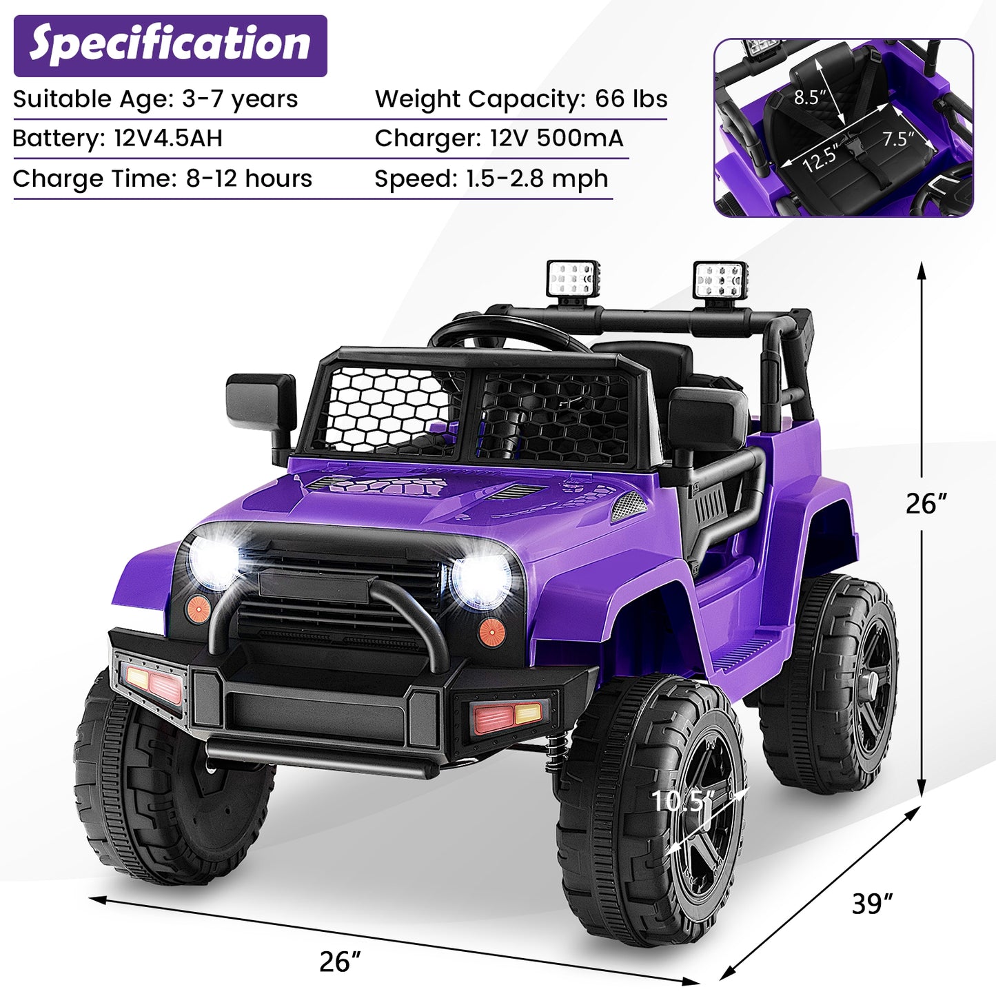 12V Kids Ride On Truck with Remote Control and Headlights, Purple Powered Ride On Toys   at Gallery Canada