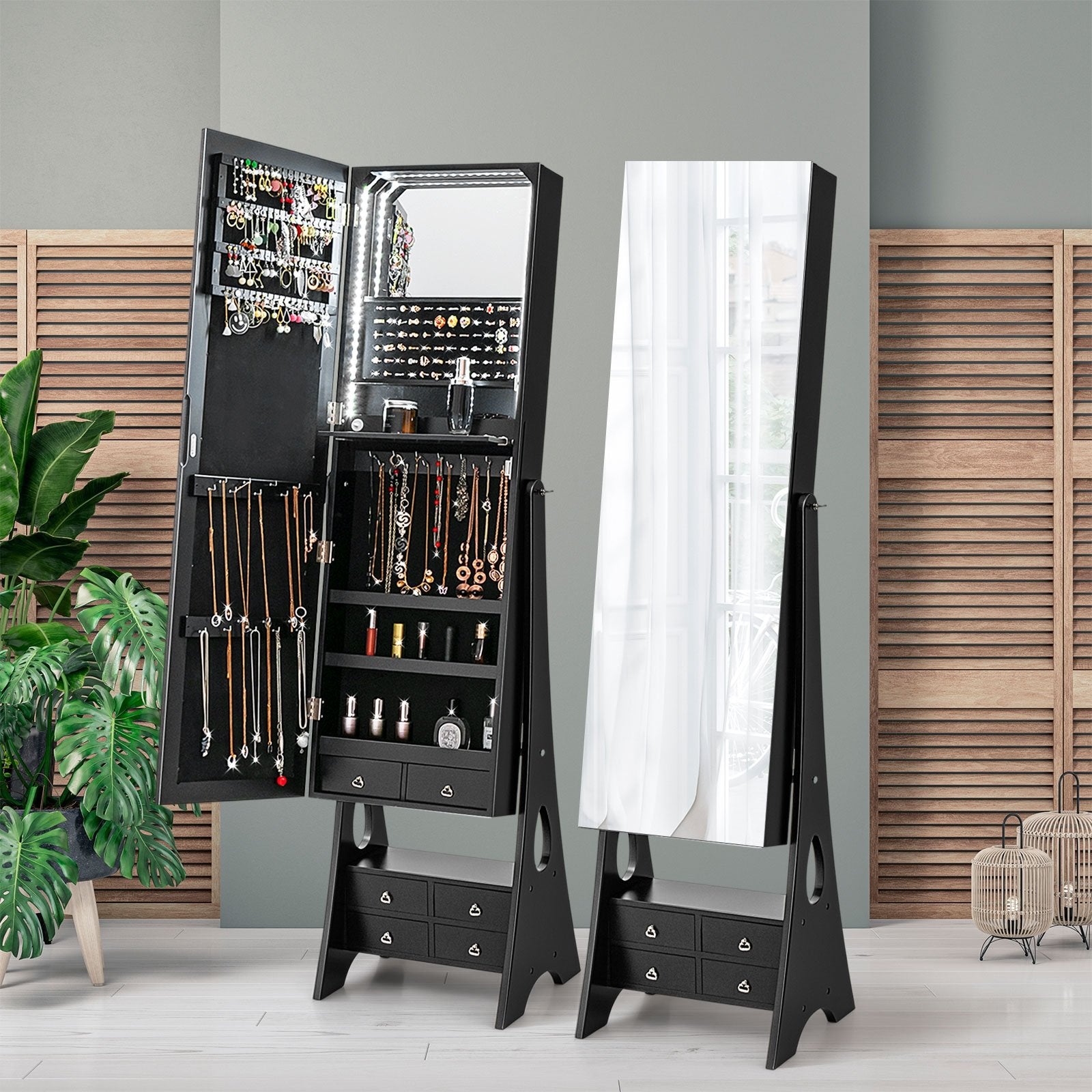 Freestanding Full Length LED Mirrored Jewelry Armoire with 6 Drawers, Black Jewelry Armoires   at Gallery Canada