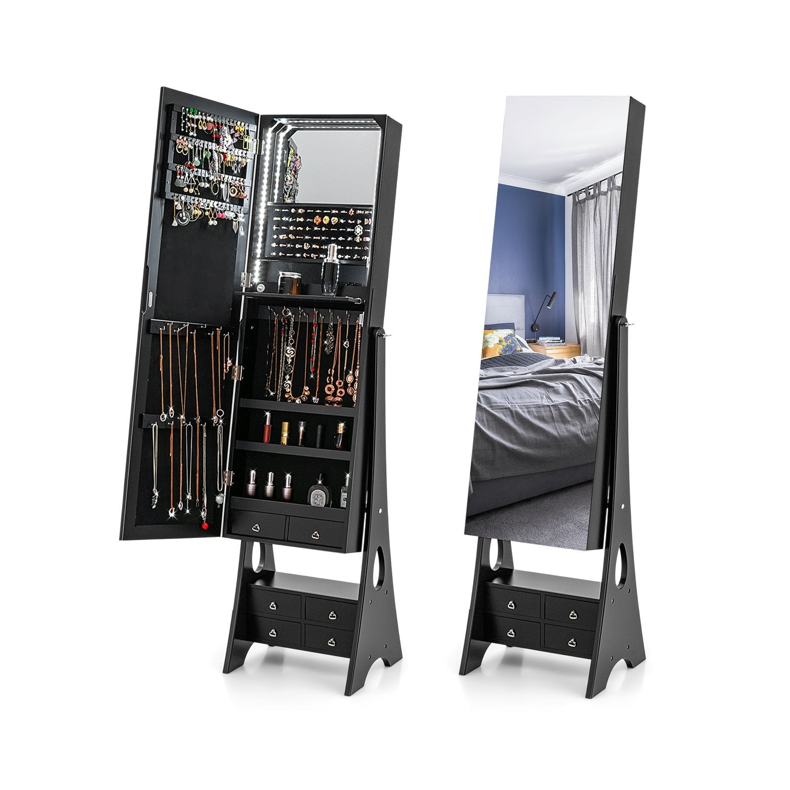 Freestanding Full Length LED Mirrored Jewelry Armoire with 6 Drawers, Black Jewelry Armoires   at Gallery Canada