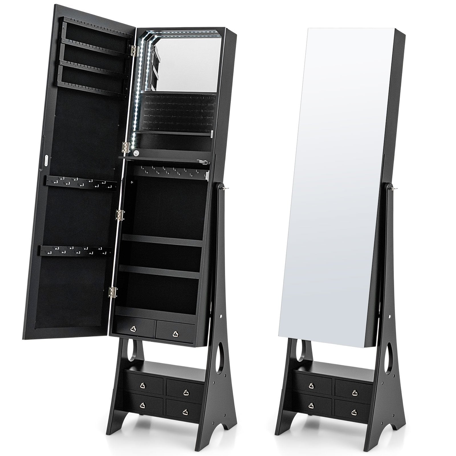 Freestanding Full Length LED Mirrored Jewelry Armoire with 6 Drawers, Black Jewelry Armoires   at Gallery Canada