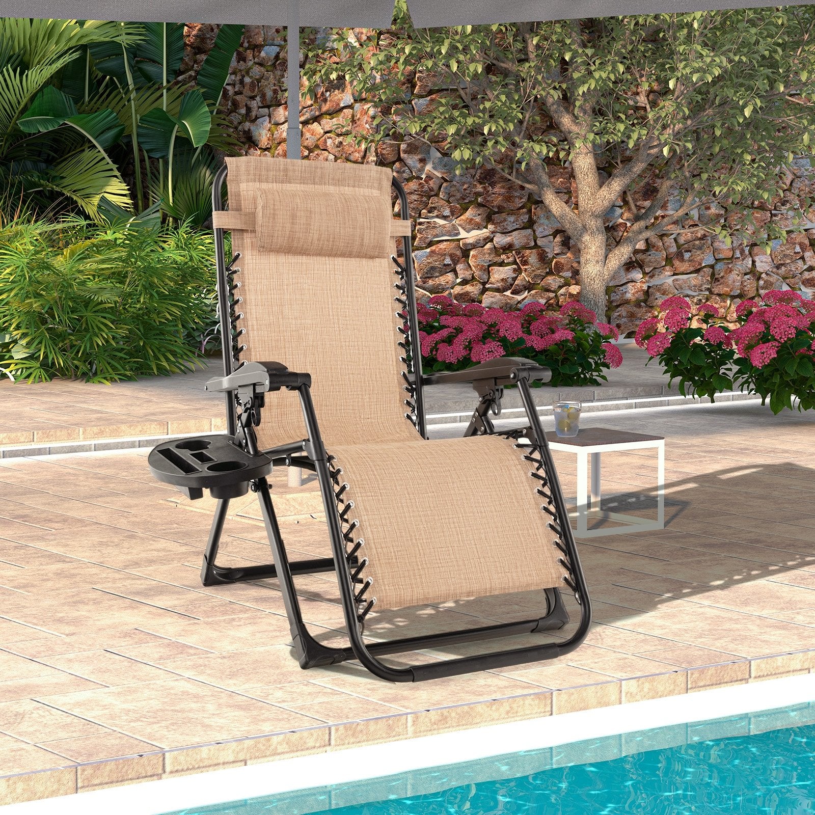 Adjustable Metal Zero Gravity Lounge Chair with Removable Cushion and Cup Holder Tray, Beige Outdoor Chaise Lounges   at Gallery Canada