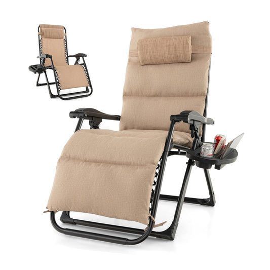 Adjustable Metal Zero Gravity Lounge Chair with Removable Cushion and Cup Holder Tray, Beige Outdoor Chaise Lounges   at Gallery Canada