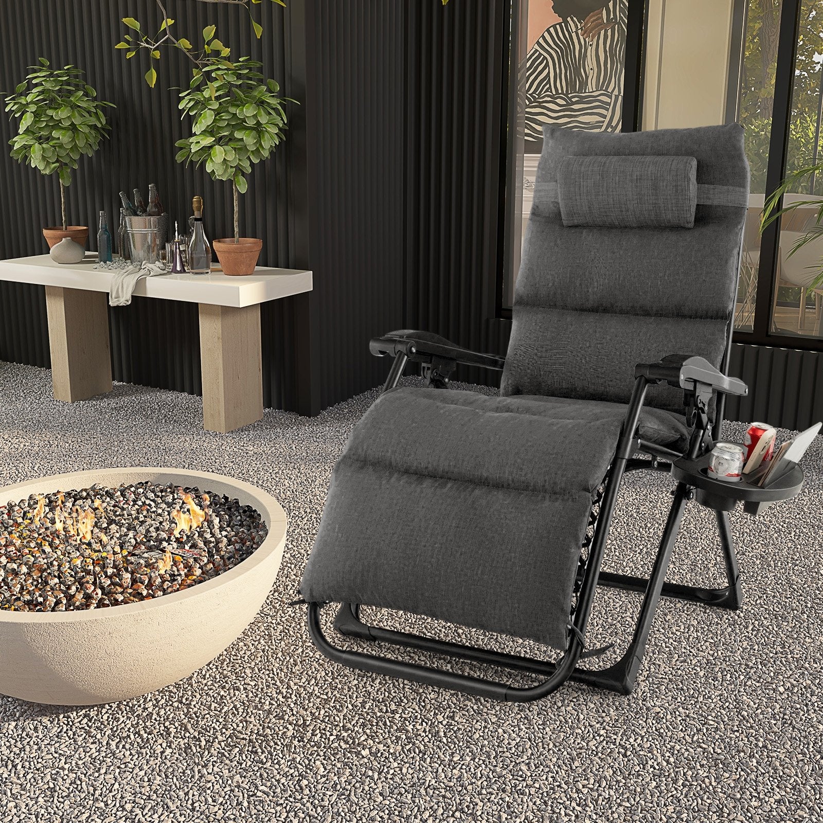 Adjustable Metal Zero Gravity Lounge Chair with Removable Cushion and Cup Holder Tray, Gray Outdoor Chaise Lounges   at Gallery Canada