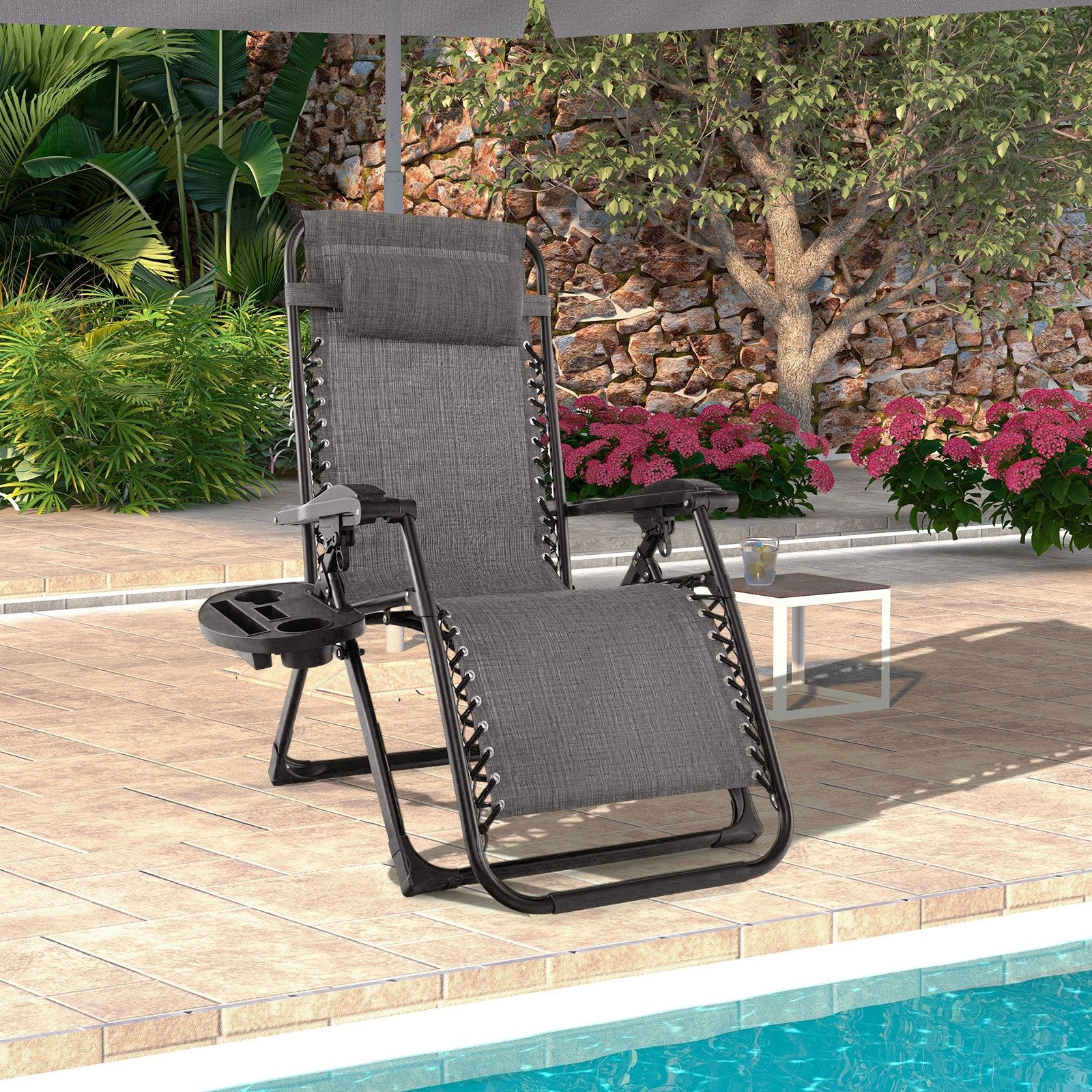 Adjustable Metal Zero Gravity Lounge Chair with Removable Cushion and Cup Holder Tray, Gray Outdoor Chaise Lounges   at Gallery Canada